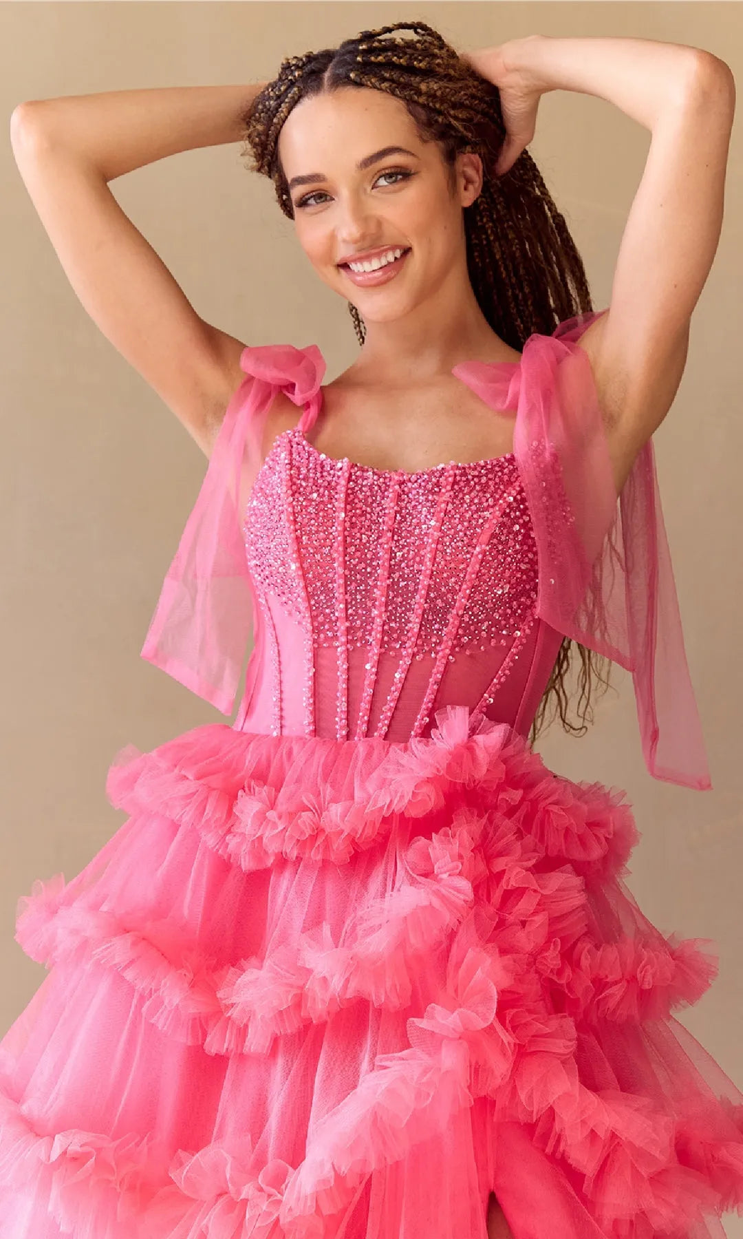 Glamorous A-Line Square Sleeveless Beaded Tiered Pink Prom Dresses Women Gown