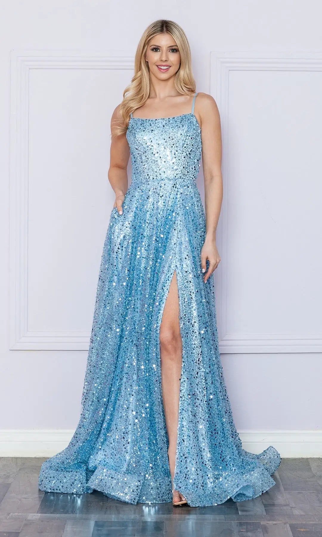Glamorous A-Line Square Sleeveless Slit Lace-Up Blue Floor-Length Prom Dresses Women