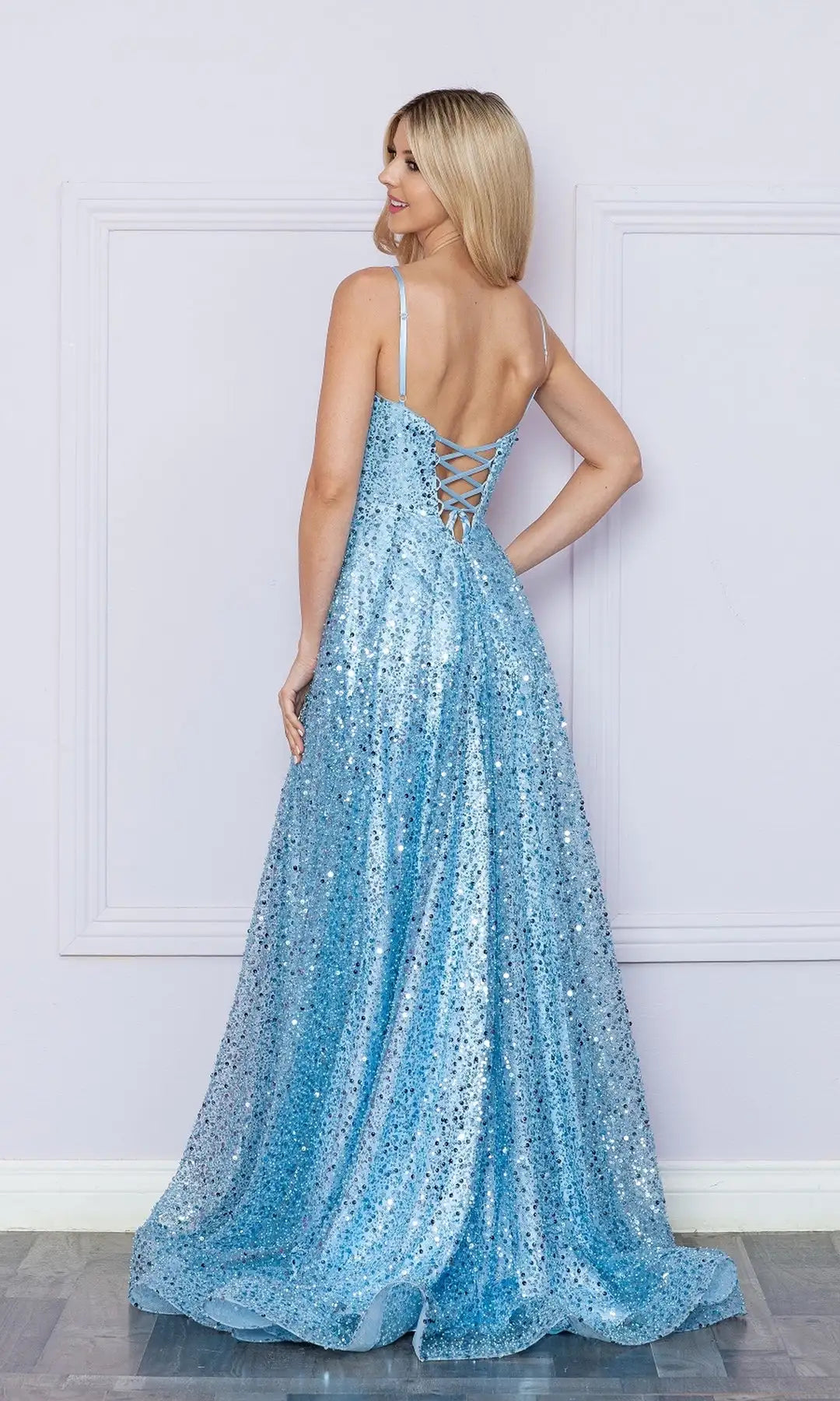 Glamorous A-Line Square Sleeveless Slit Lace-Up Blue Floor-Length Prom Dresses Women