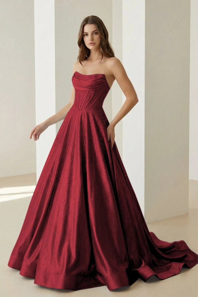 Glamorous A-Line Strapless Sleeveless Corset Sparkle Burgundy Floor-Length Prom Gown