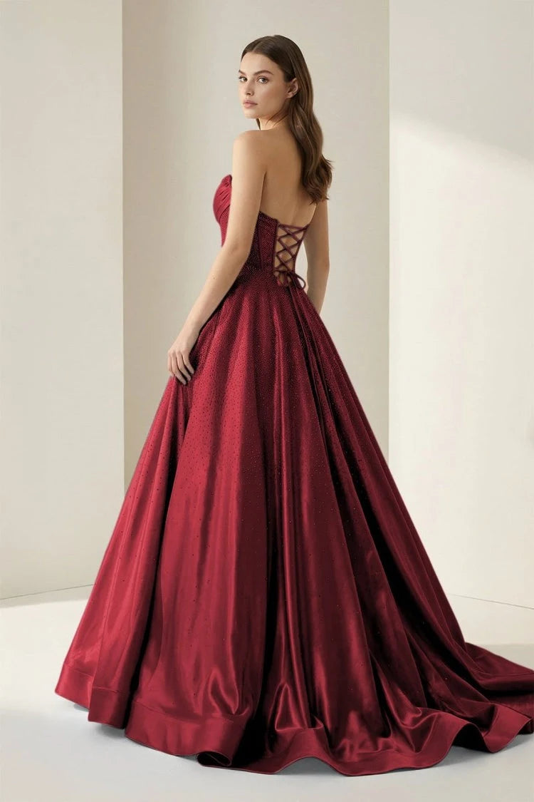 Glamorous A-Line Strapless Sleeveless Corset Sparkle Burgundy Floor-Length Prom Gown
