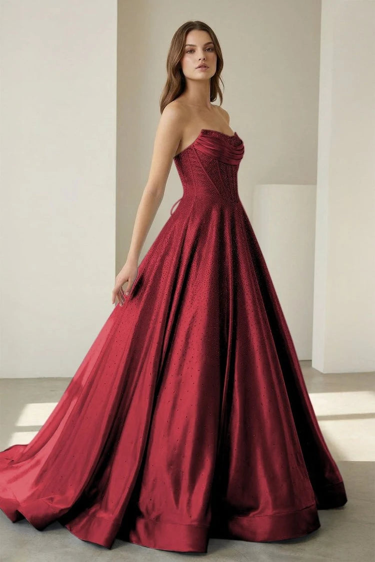 Glamorous A-Line Strapless Sleeveless Corset Sparkle Burgundy Floor-Length Prom Gown