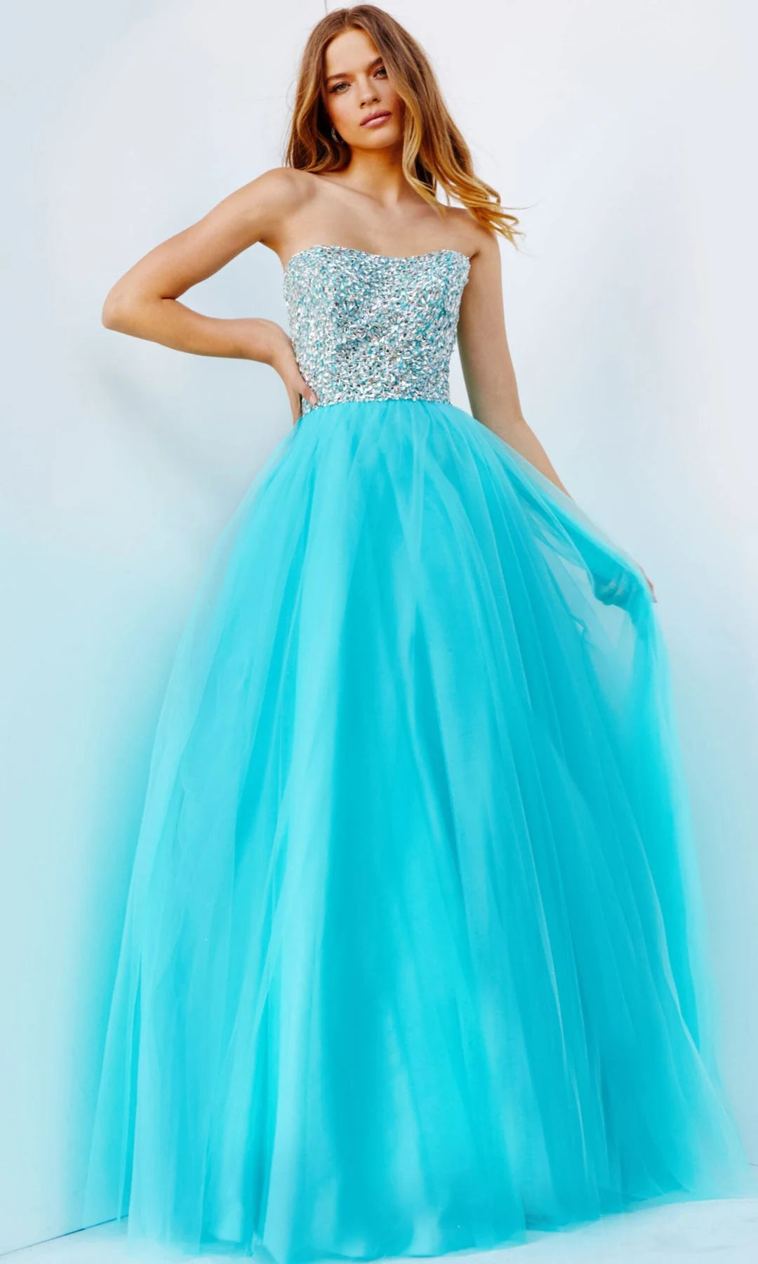 Glamorous A-Line Strapless Sleeveless Crystal Beaded Aqua Long Prom Dresses Women Gown
