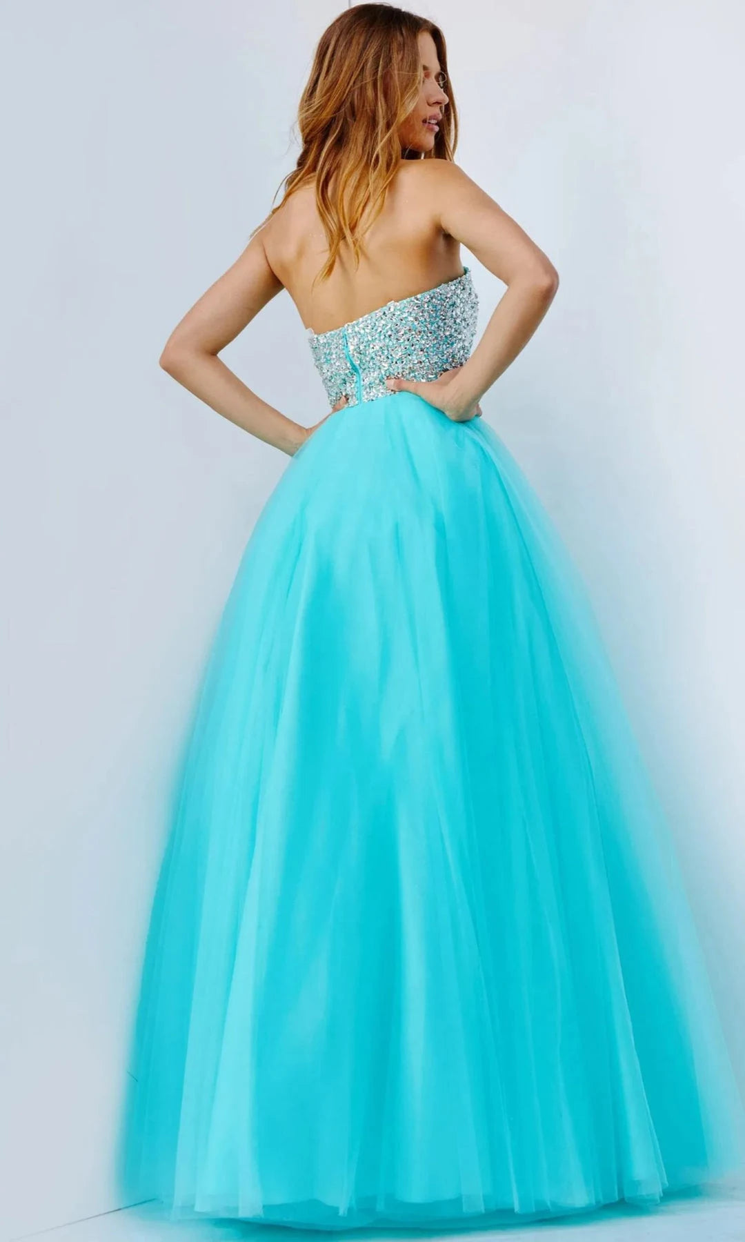Glamorous A-Line Strapless Sleeveless Crystal Beaded Aqua Long Prom Dresses Women Gown