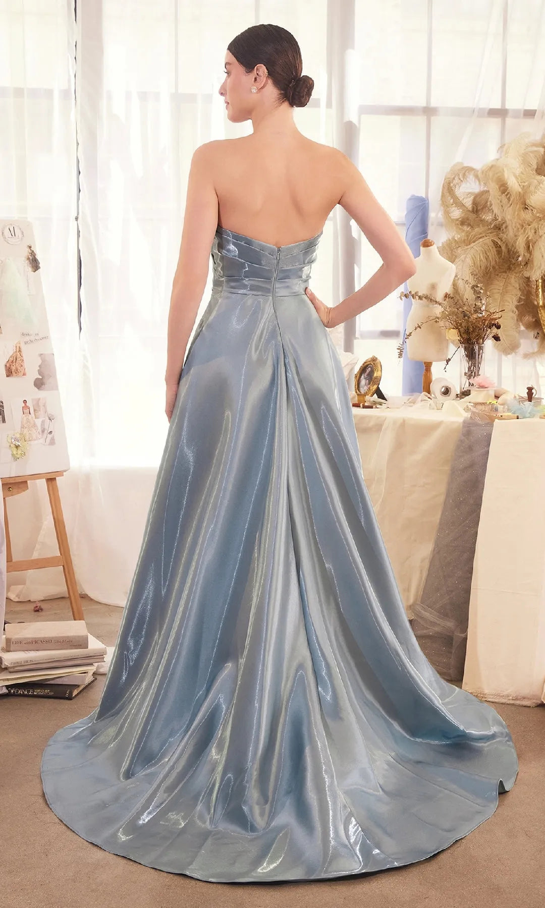 Glamorous A-Line Strapless Sleeveless Pleated Ruched Blue Long Prom Dresses Women