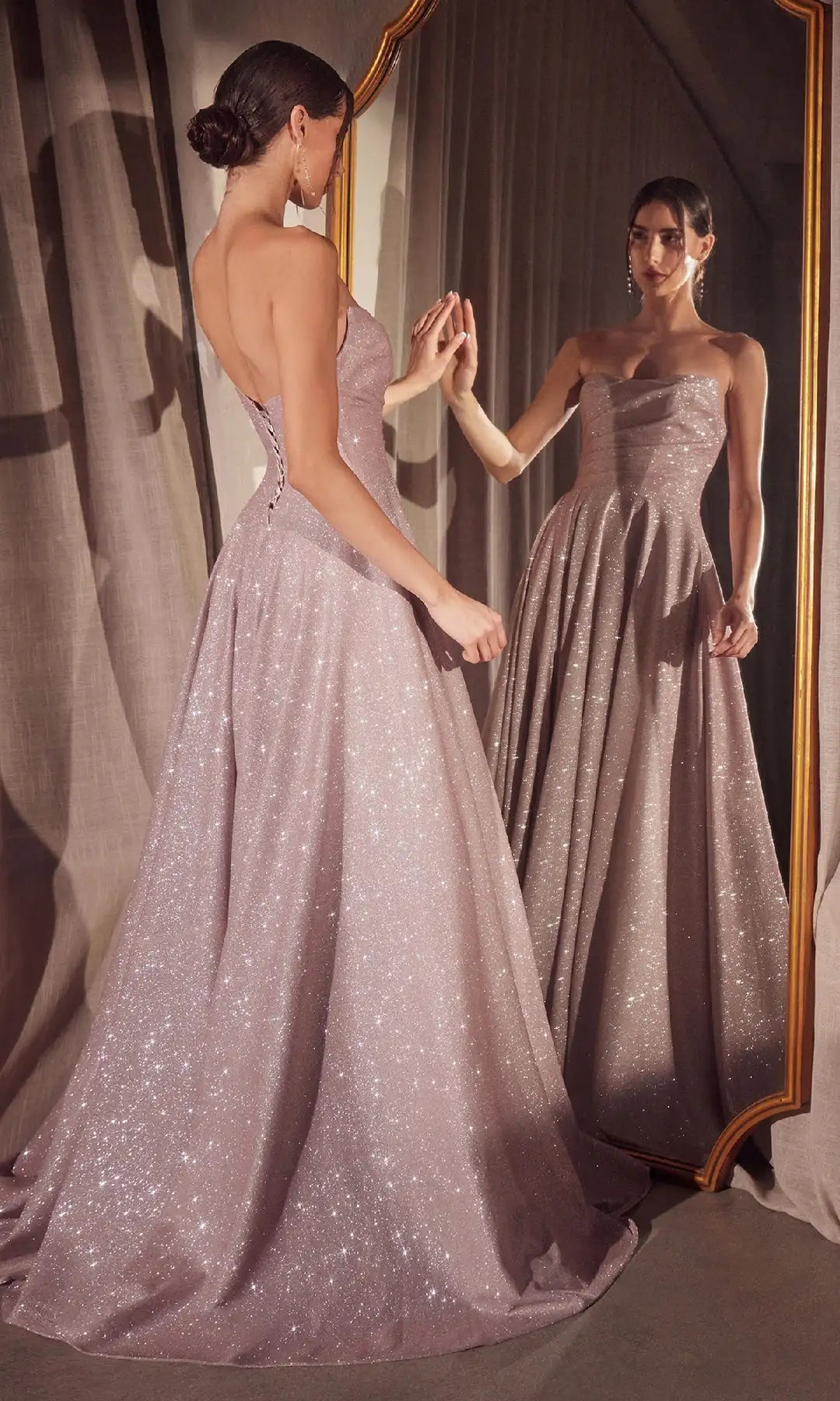 Glamorous A-Line Strapless (Sleeveless) Sparkle High-Slit Dusty Rose Floor-Length Prom Dress