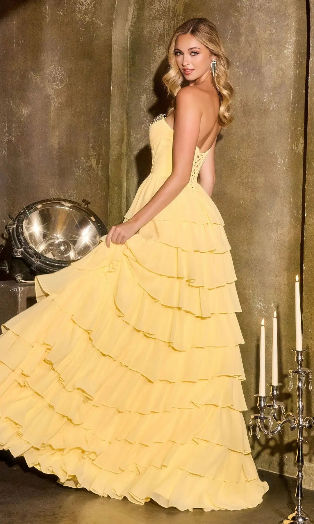 Glamorous A-Line Strapless Sleeveless Tiered Beaded Yellow Long Prom Dresses Gown