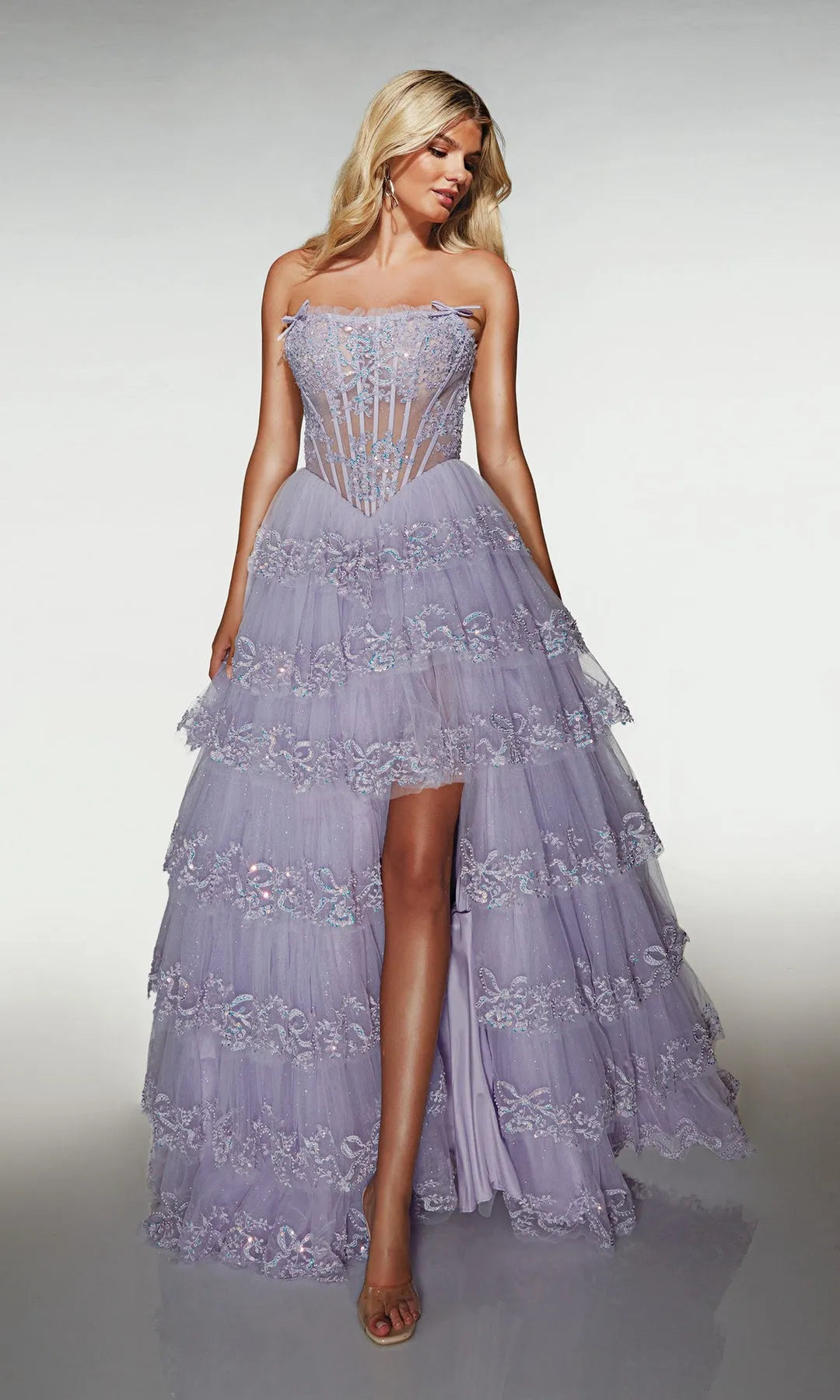 Glamorous A-Line Strapless Sleeveless Tiered Corset Lilac Long Prom Dresses Women Gown