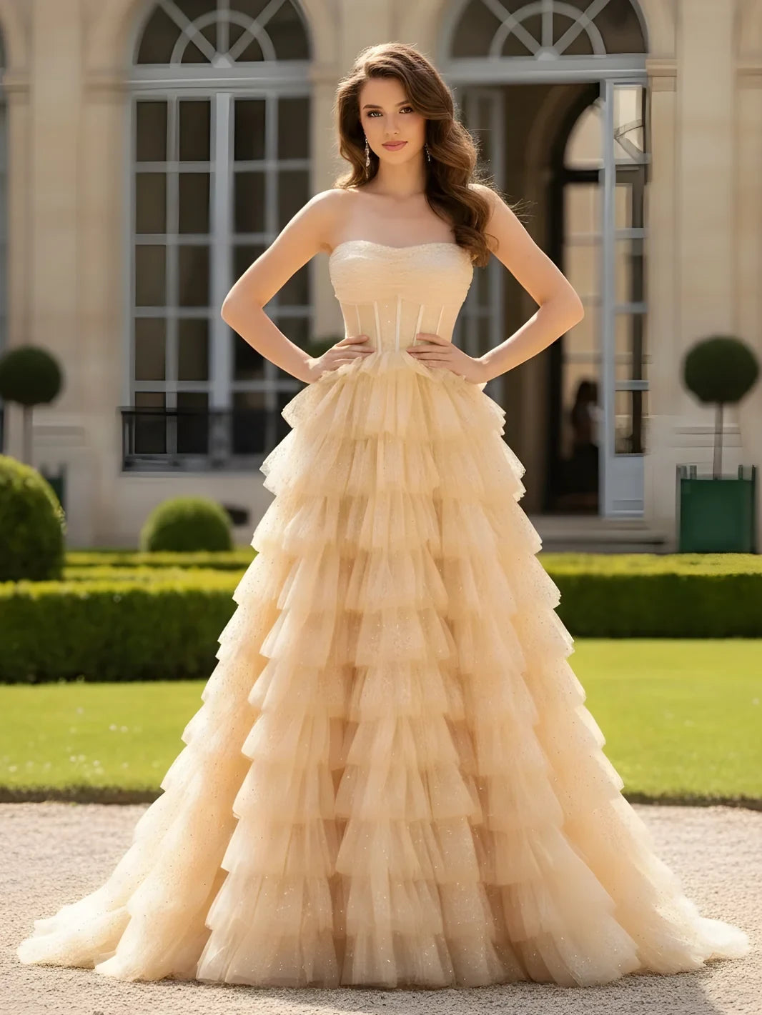 Glamorous A-Line Strapless Tiered Ruffled Champagne Gold Floor-Length Prom Gown