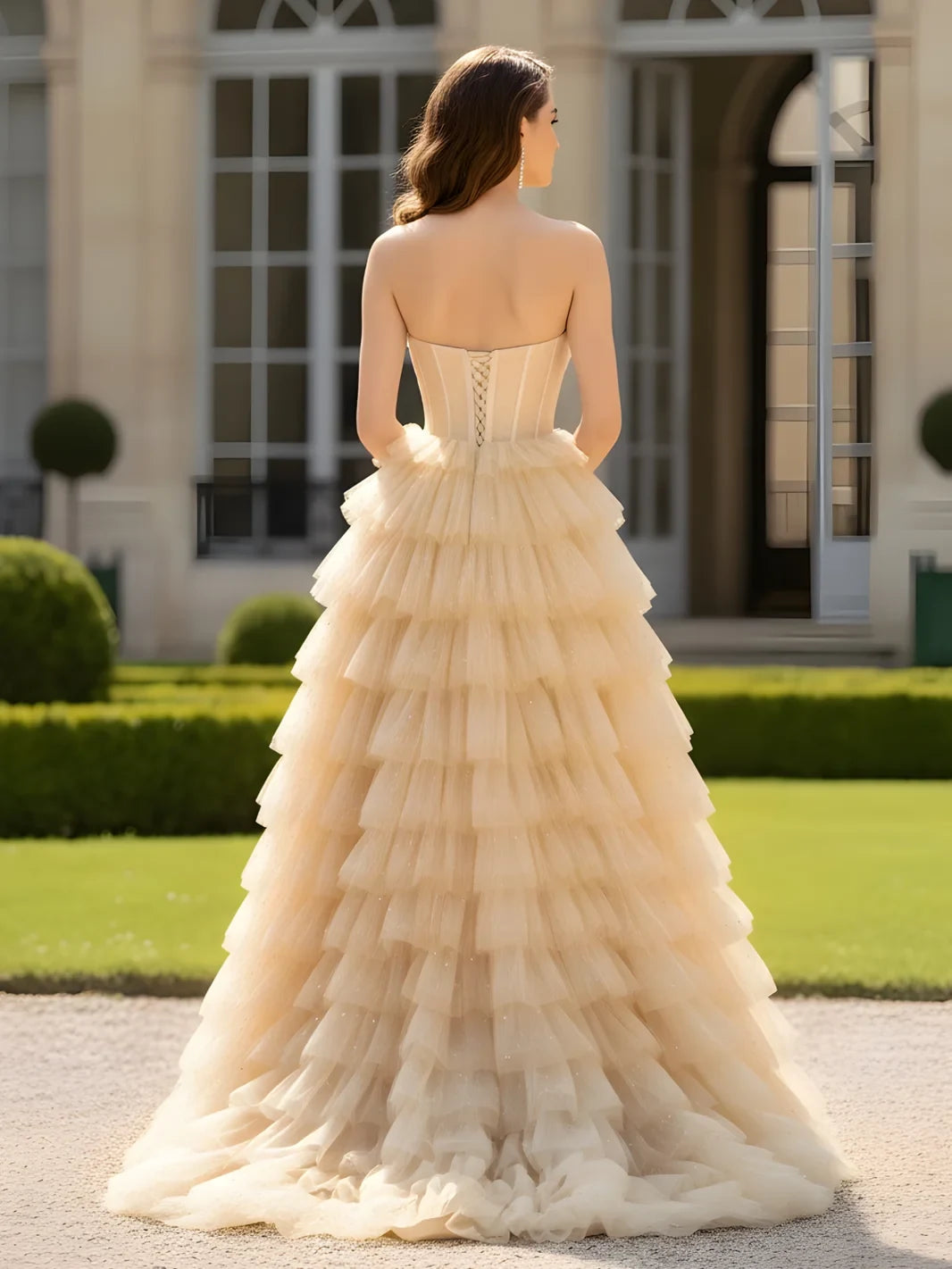 Glamorous A-Line Strapless Tiered Ruffled Champagne Gold Floor-Length Prom Gown