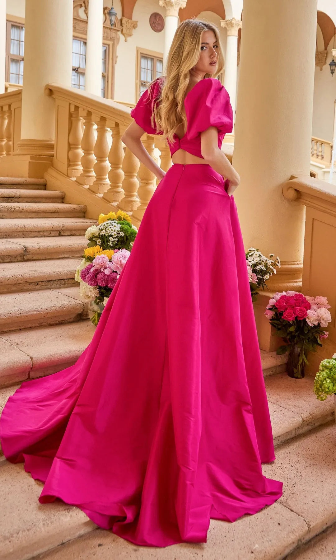 Glamorous A-Line Sweetheart Short-Sleeve Beaded Slit Fuchsia Long Prom Dresses Gown