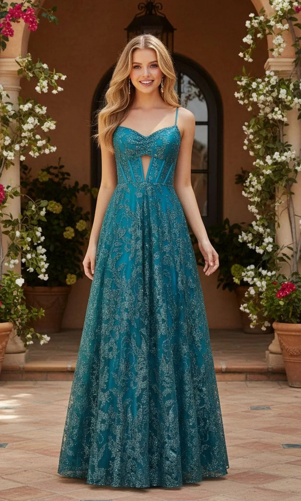 Glamorous A-Line Sweetheart Sleeveless Corset Cutout Teal Long Prom Dresses Women