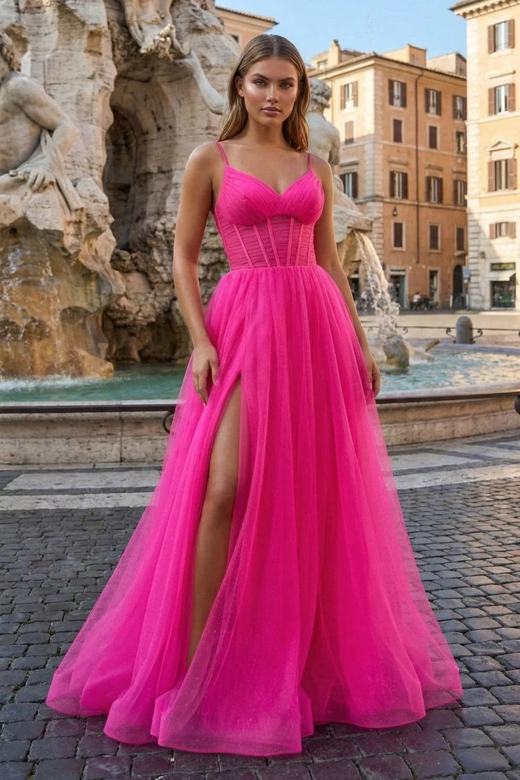 Glamorous A-Line Sweetheart Sleeveless Corset High-Slit Fuchsia Floor-Length Prom Dress