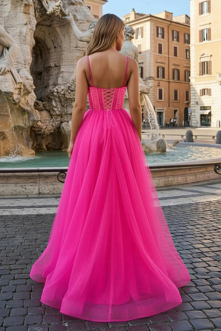 Glamorous A-Line Sweetheart Sleeveless Corset High-Slit Fuchsia Floor-Length Prom Dress