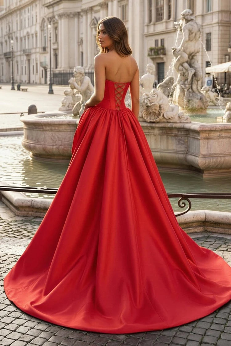 Glamorous A-Line Sweetheart Sleeveless Corset High Slit Red Floor-Length Prom Dresses