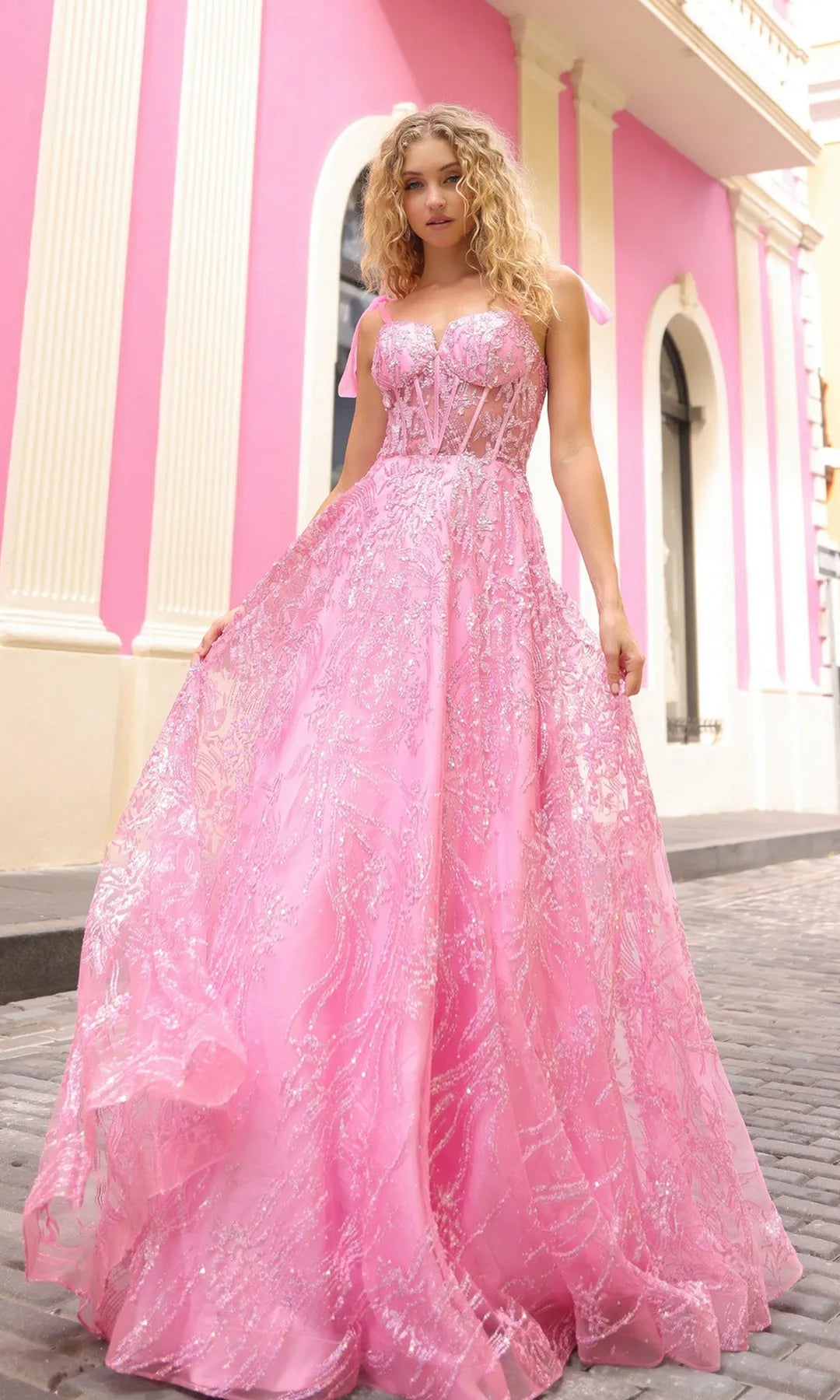 Glamorous A-Line Sweetheart Sleeveless Corset Sequin Pink Long Prom Dresses Women Gown