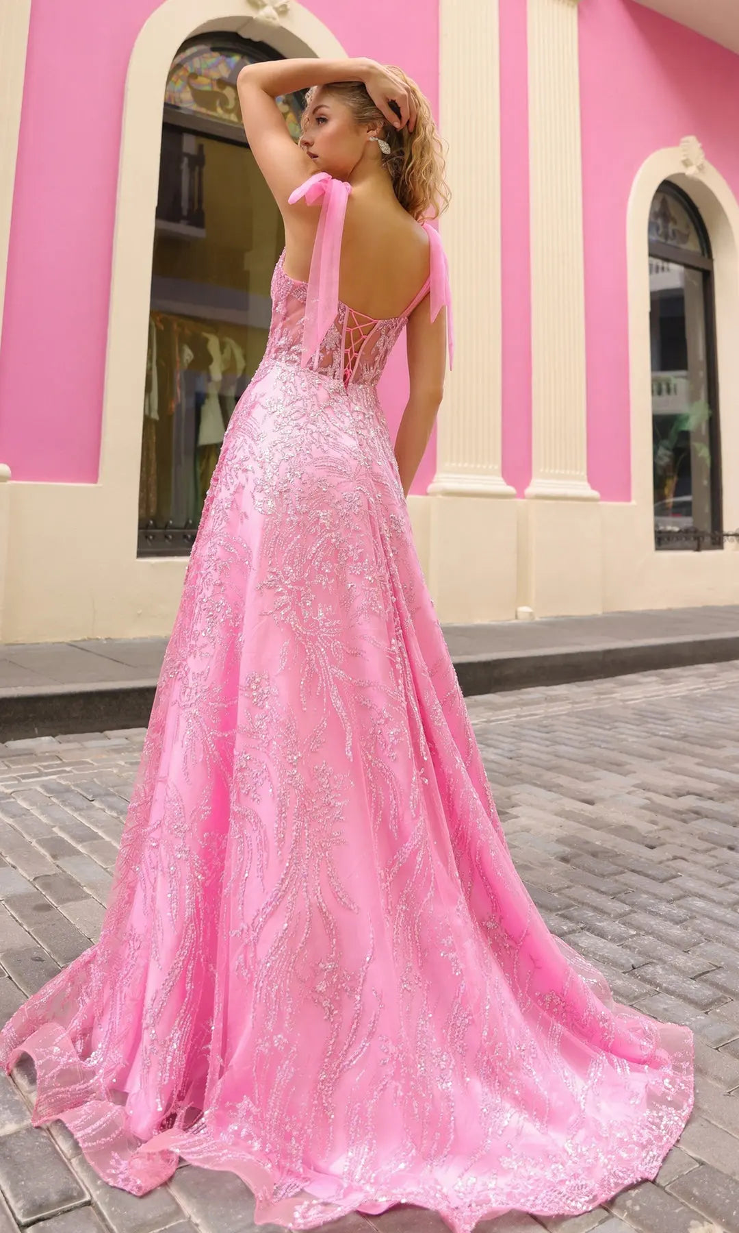 Glamorous A-Line Sweetheart Sleeveless Corset Sequin Pink Long Prom Dresses Women Gown