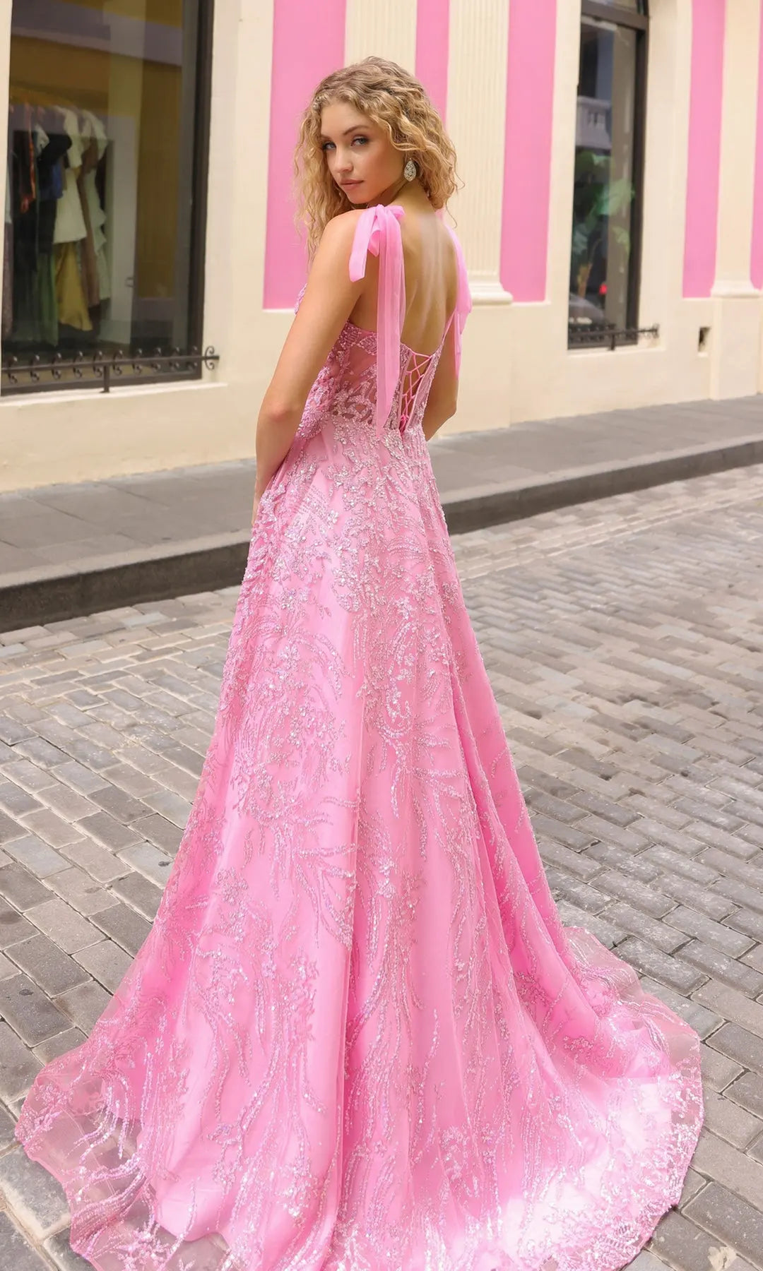 Glamorous A-Line Sweetheart Sleeveless Corset Sequin Pink Long Prom Dresses Women Gown