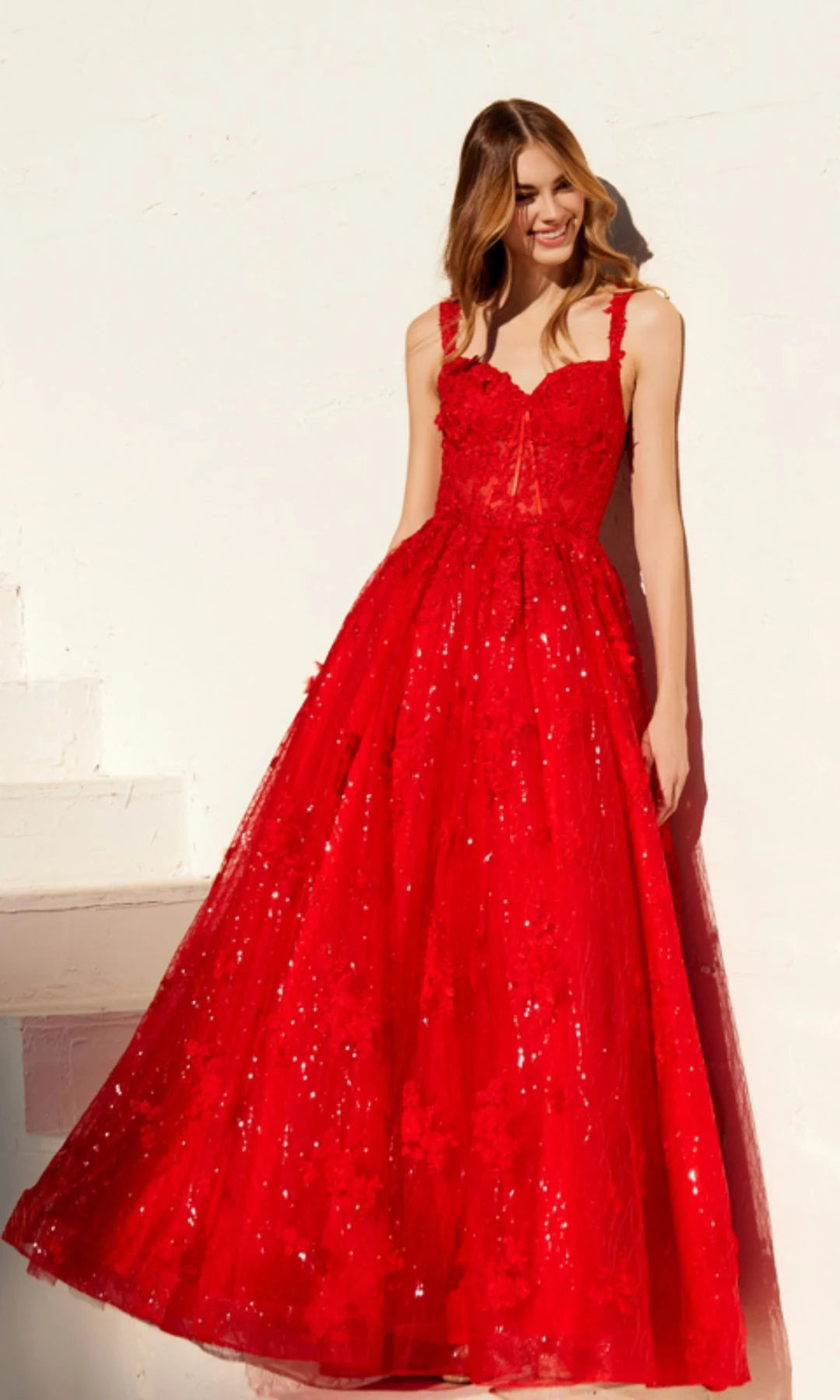 Glamorous A-Line Sweetheart Sleeveless Corset Sequined Red Long Prom Dresses Gown