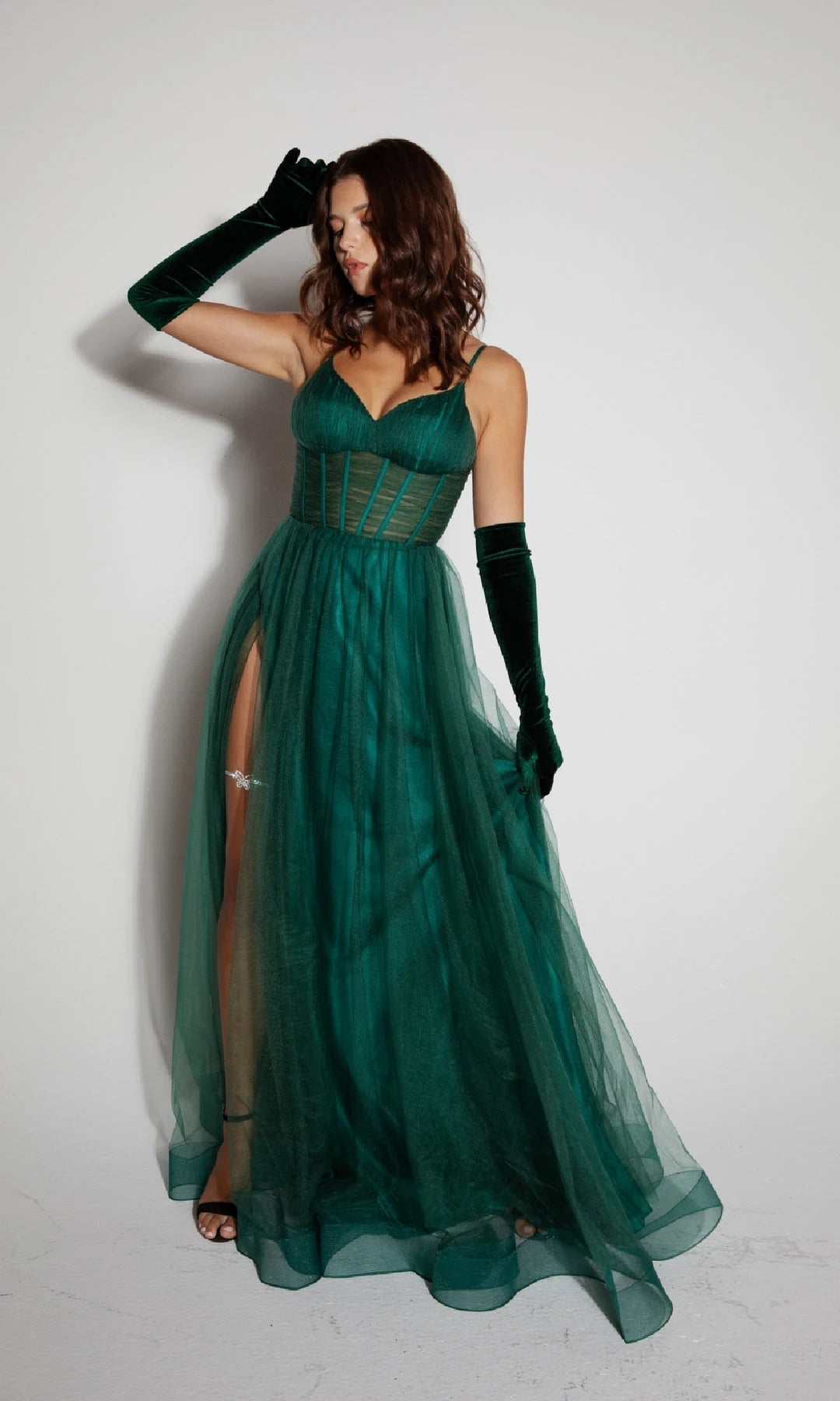 Glamorous A-Line Sweetheart Sleeveless Corset Slit Emerald Long Prom Dresses Women
