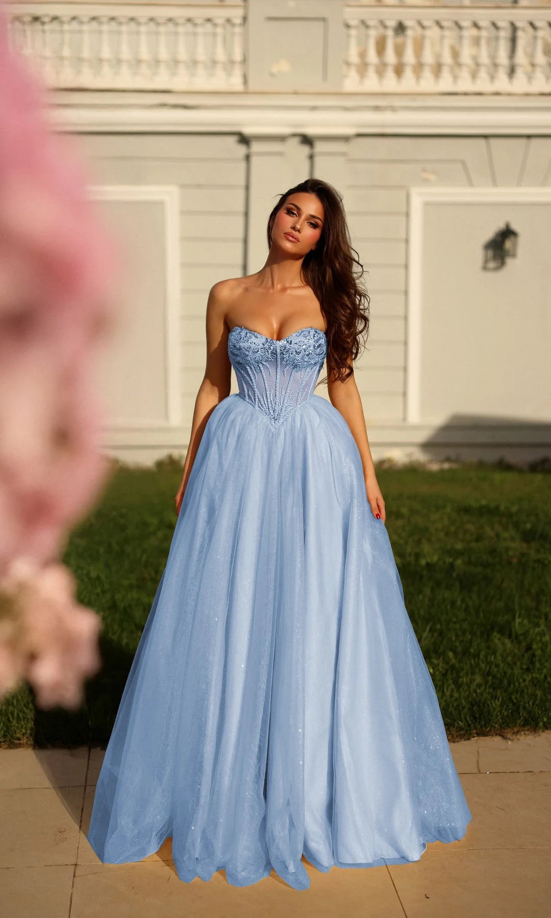 Glamorous A-Line Sweetheart Sleeveless Corset Slit Light Blue Prom Dresses Gown
