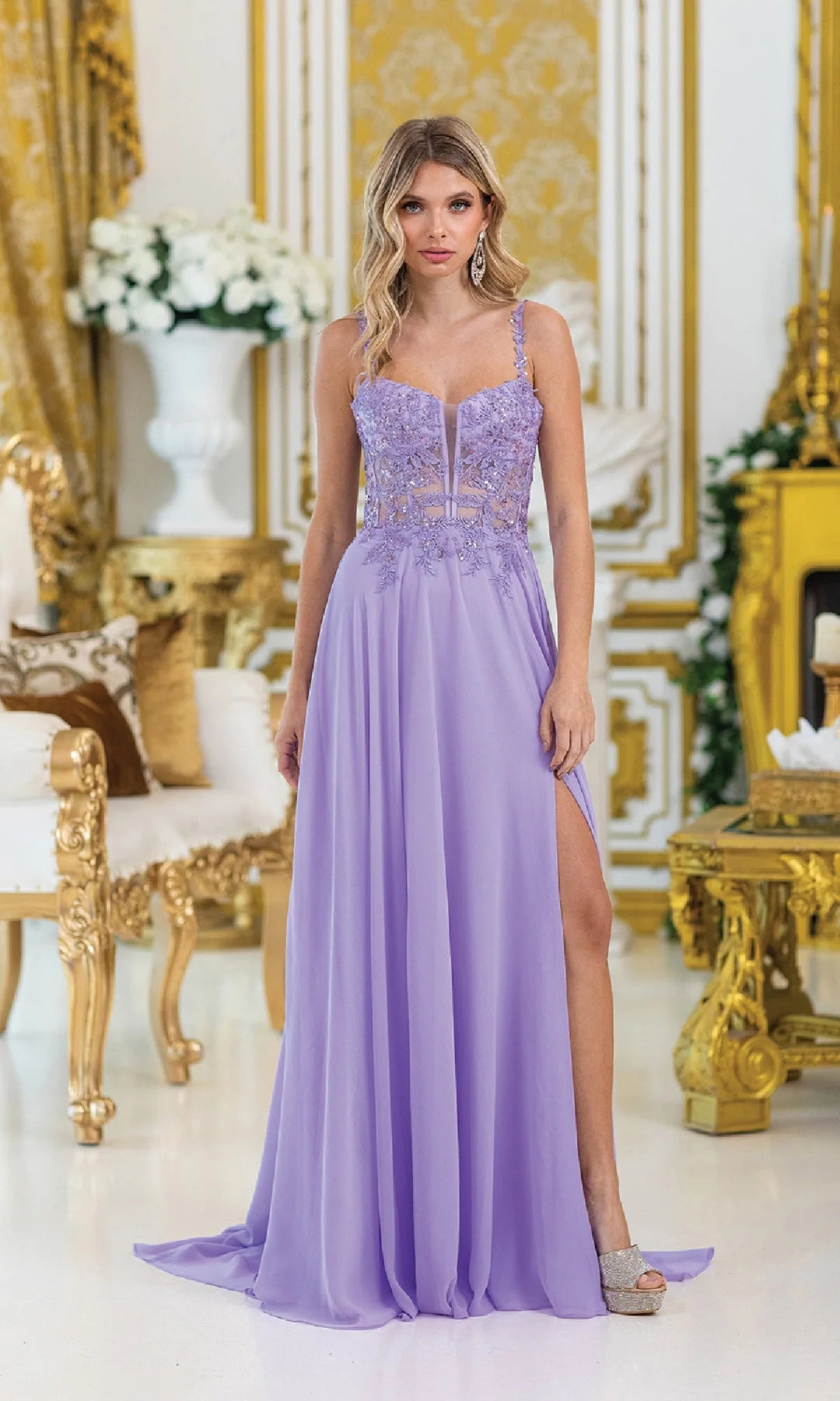 Glamorous A-Line Sweetheart Sleeveless Corset Slit Lilac Long Prom Dresses Women
