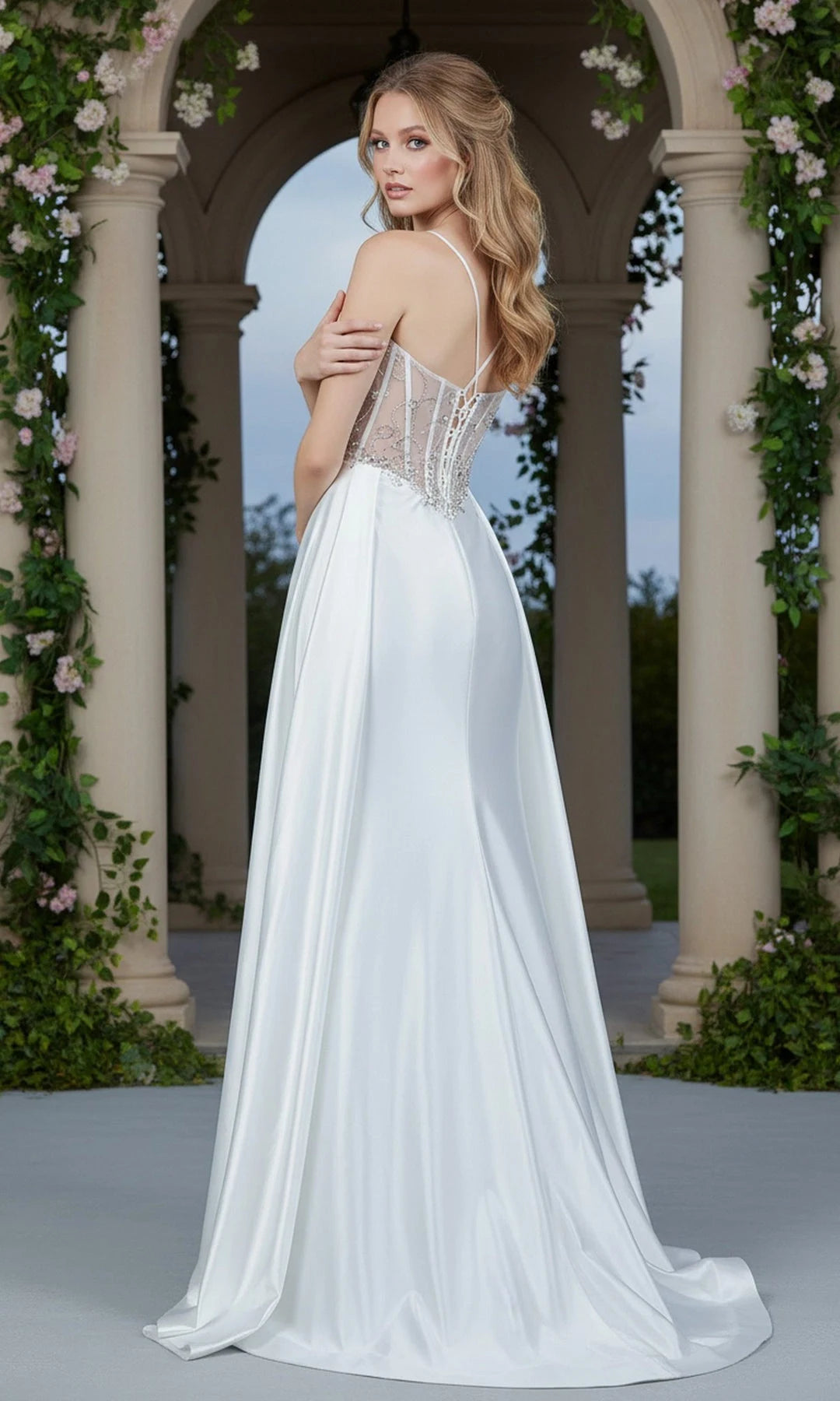 Glamorous A-Line Sweetheart Sleeveless Corset Slit White Long Prom Dresses Women Gown