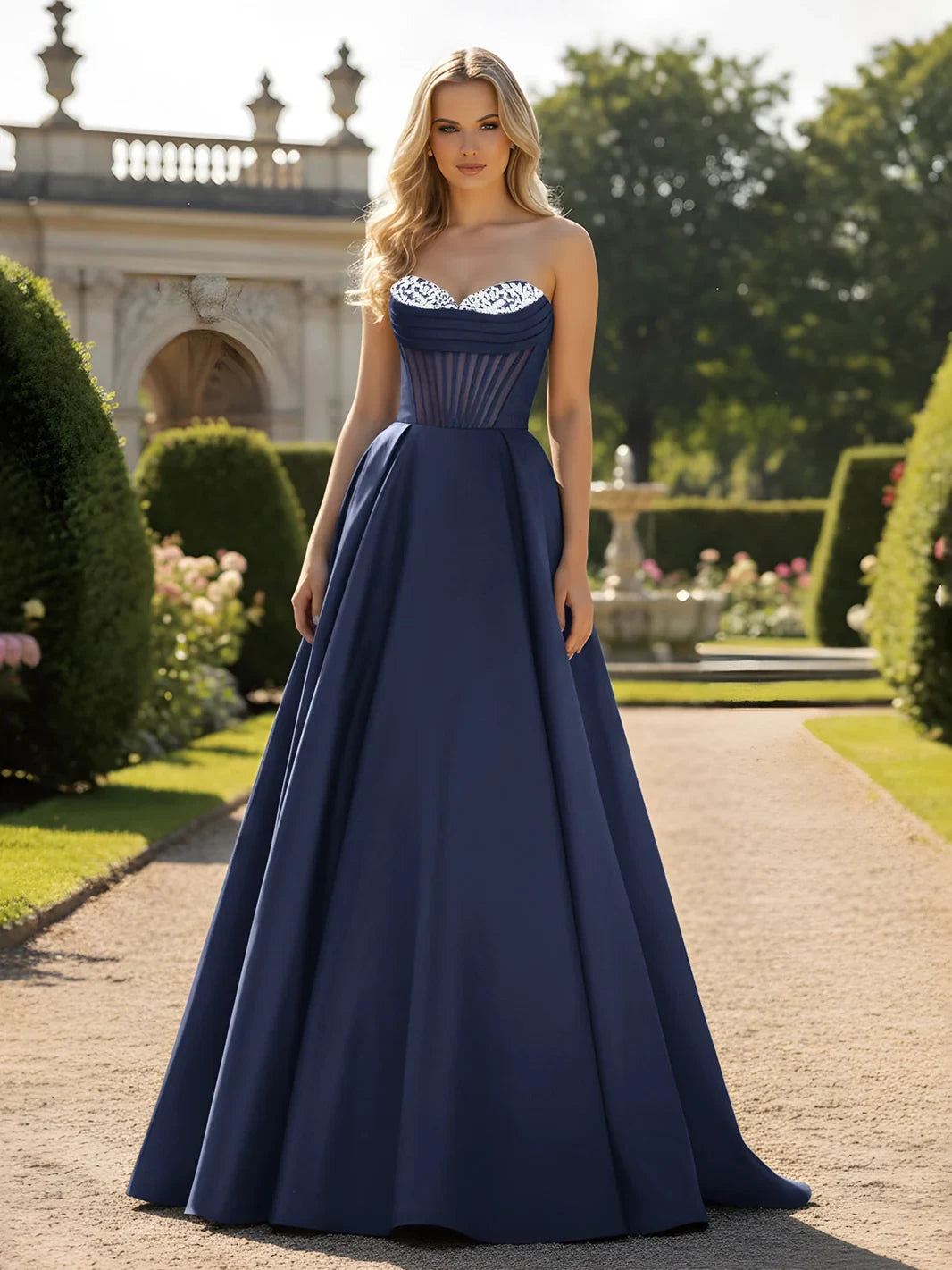 Glamorous A-Line Sweetheart Sleeveless Embellished Corset Dark Navy Floor-Length Prom Dress