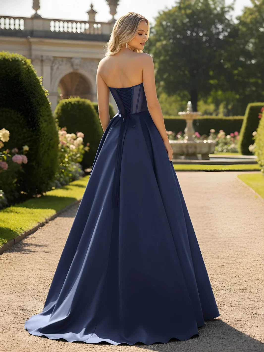 Glamorous A-Line Sweetheart Sleeveless Embellished Corset Dark Navy Floor-Length Prom Dress