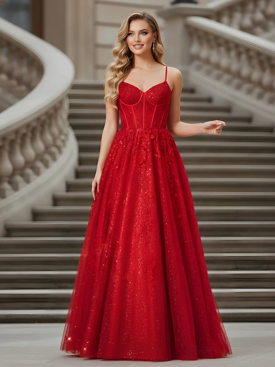 Glamorous A-Line Sweetheart Sleeveless Sparkle Corset Red Floor-Length Prom Dresses Women's Gown