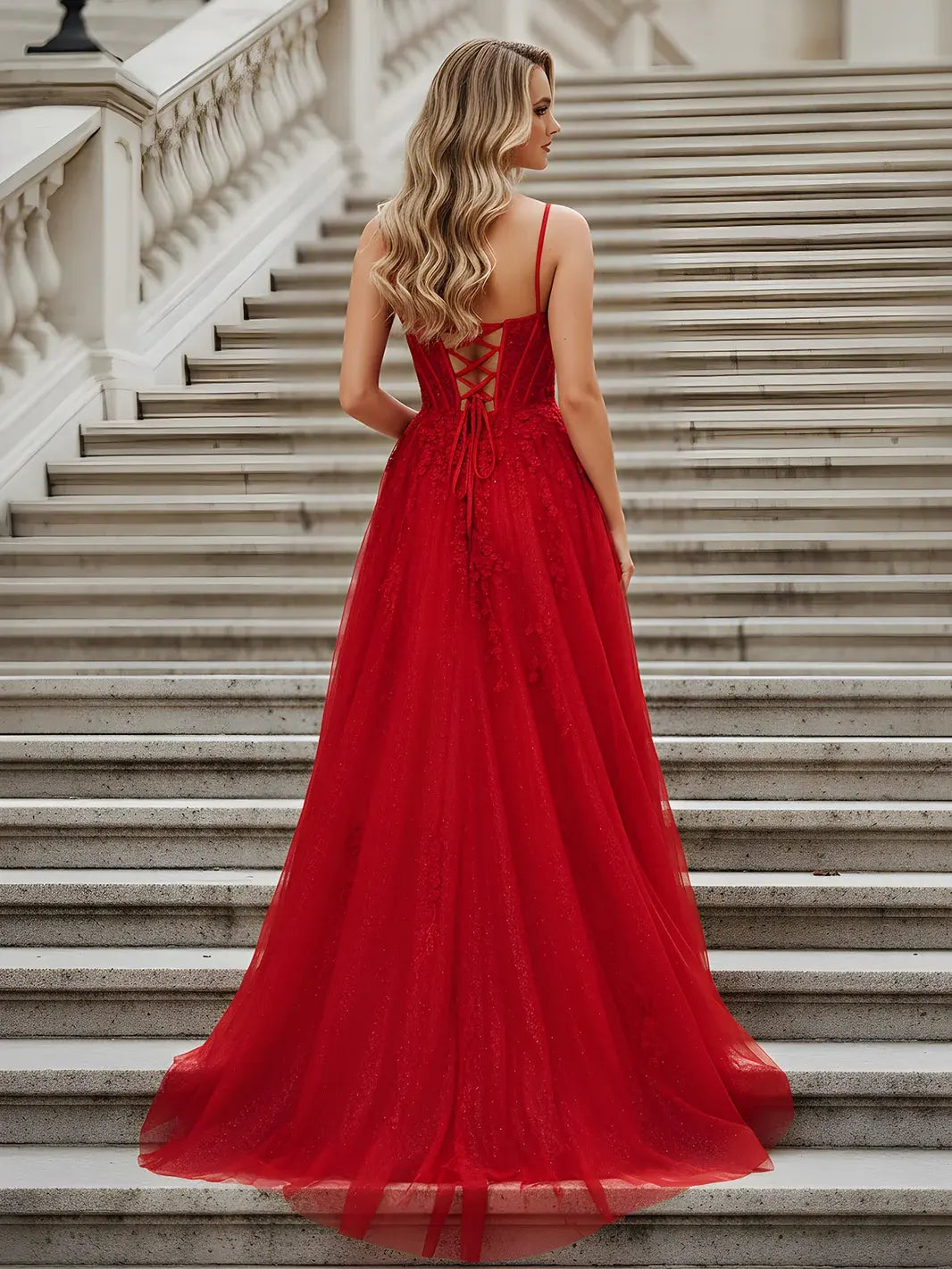 Glamorous A-Line Sweetheart Sleeveless Sparkle Corset Red Floor-Length Prom Dresses Women's Gown