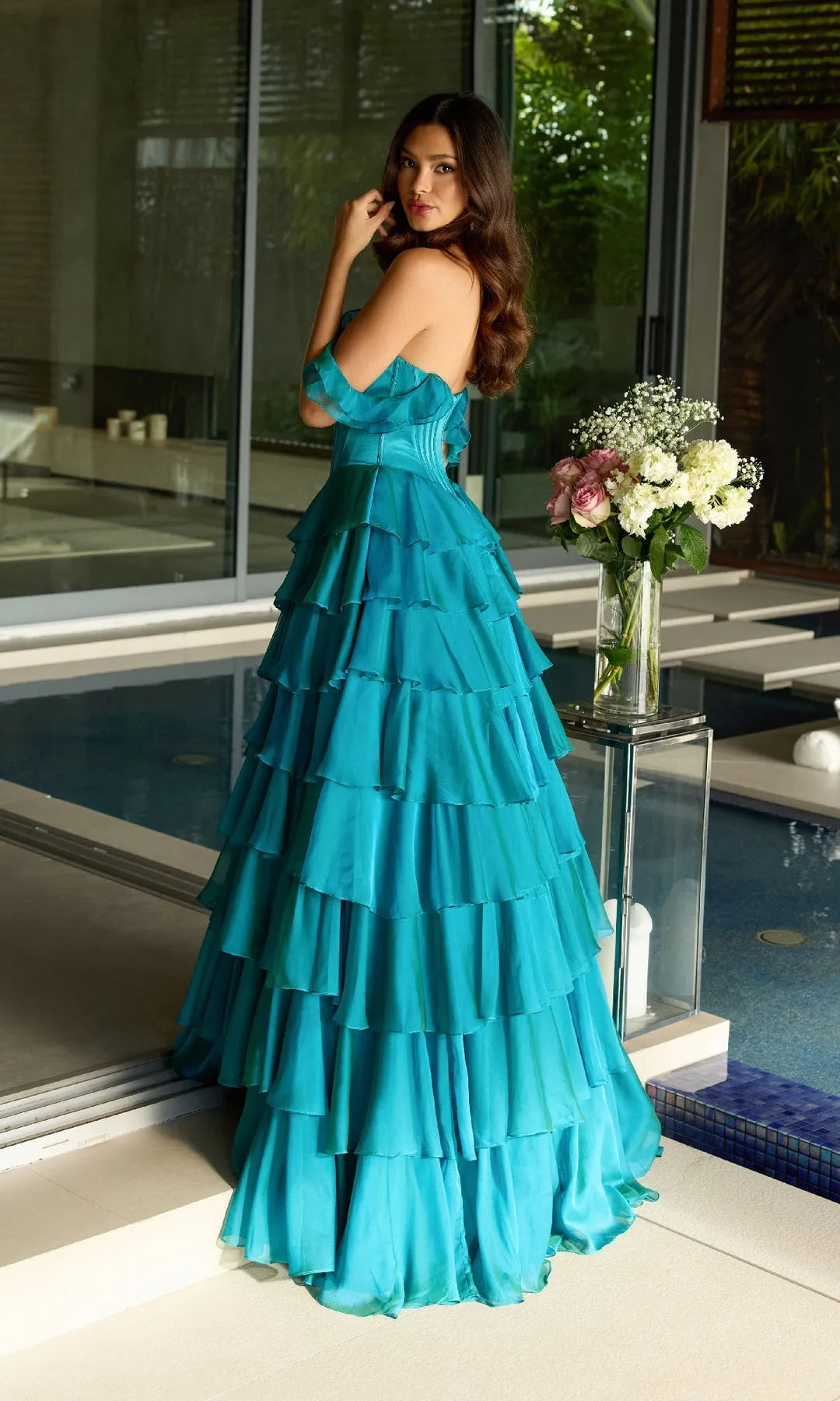 Glamorous A-Line Sweetheart Sleeveless Tiered Corset Teal Long Prom Dresses Gown