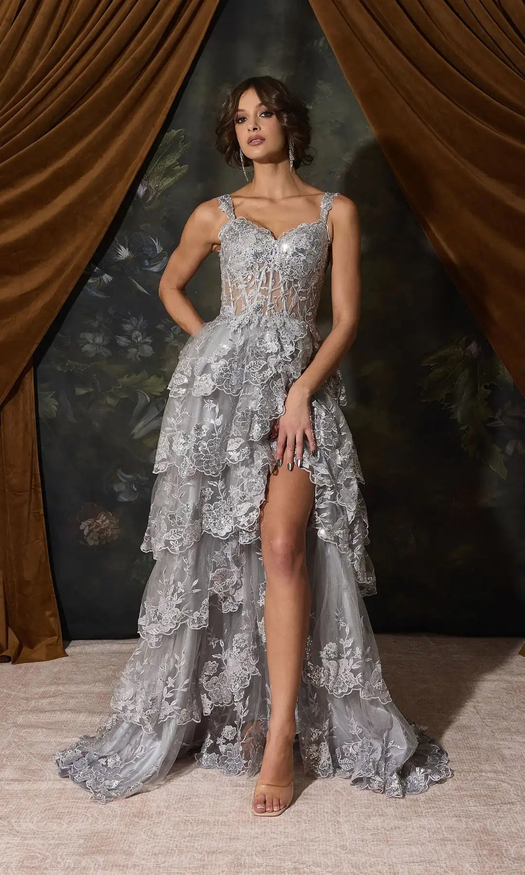 Glamorous A-Line Sweetheart Sleeveless Tiered Slit Silver Long Prom Dresses Gown