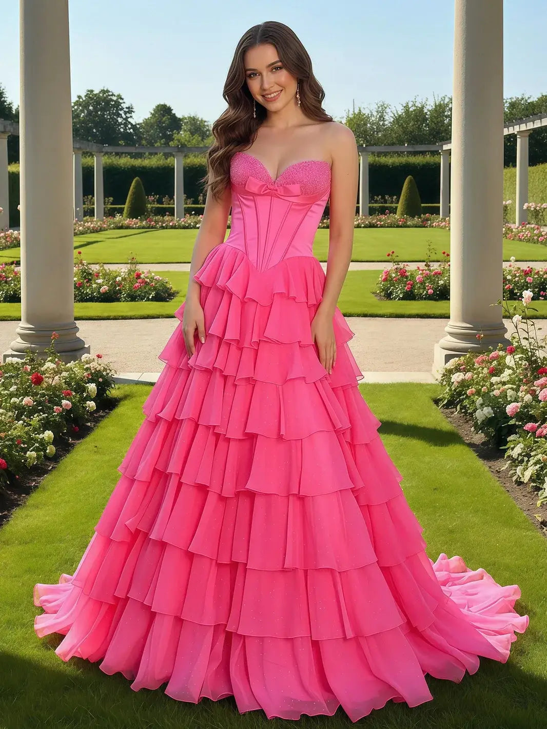 Glamorous A-Line Sweetheart Strapless Tiered Ruffle Fuchsia Floor-Length Prom Dress Gown