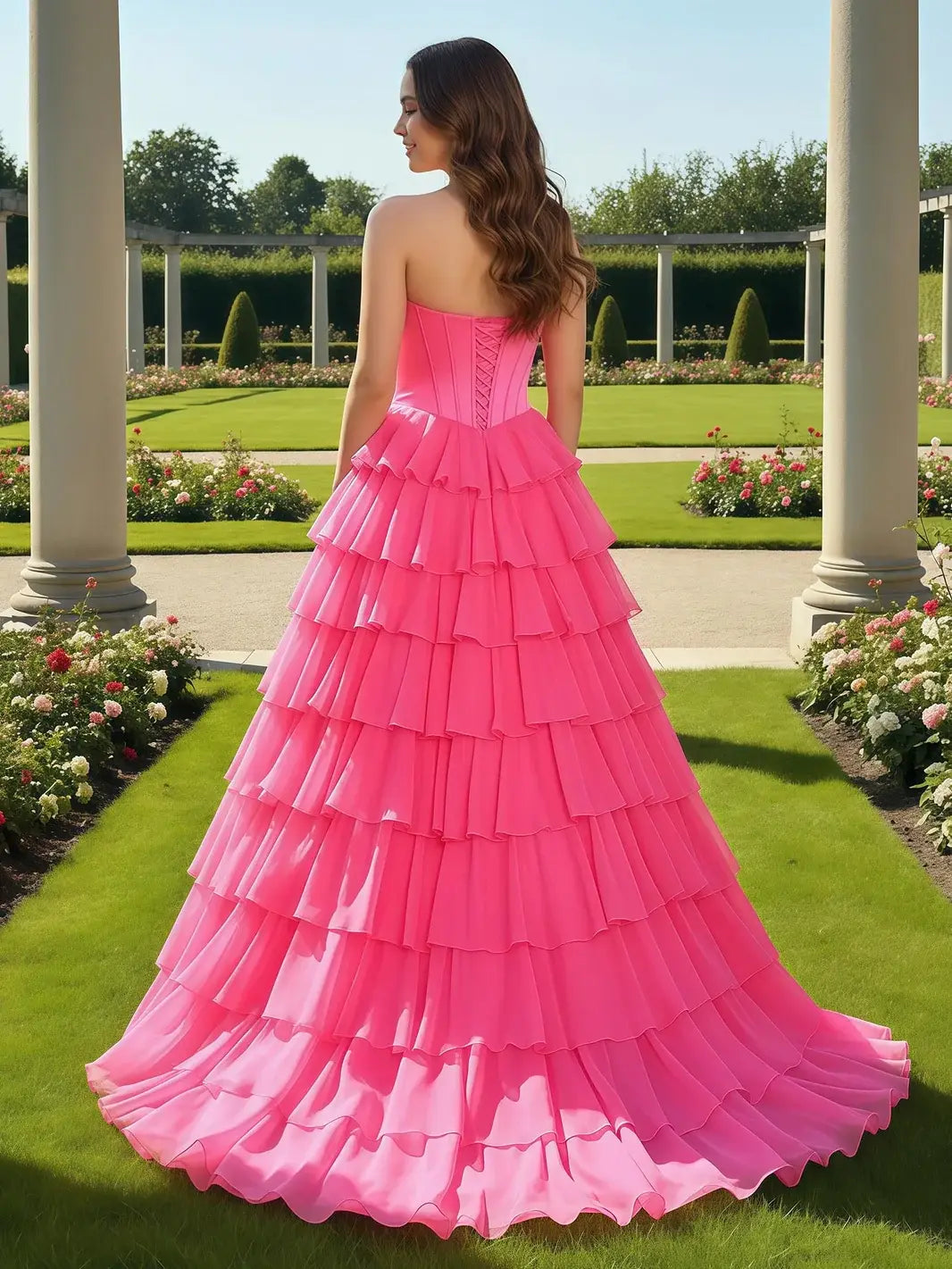 Glamorous A-Line Sweetheart Strapless Tiered Ruffle Fuchsia Floor-Length Prom Dress Gown