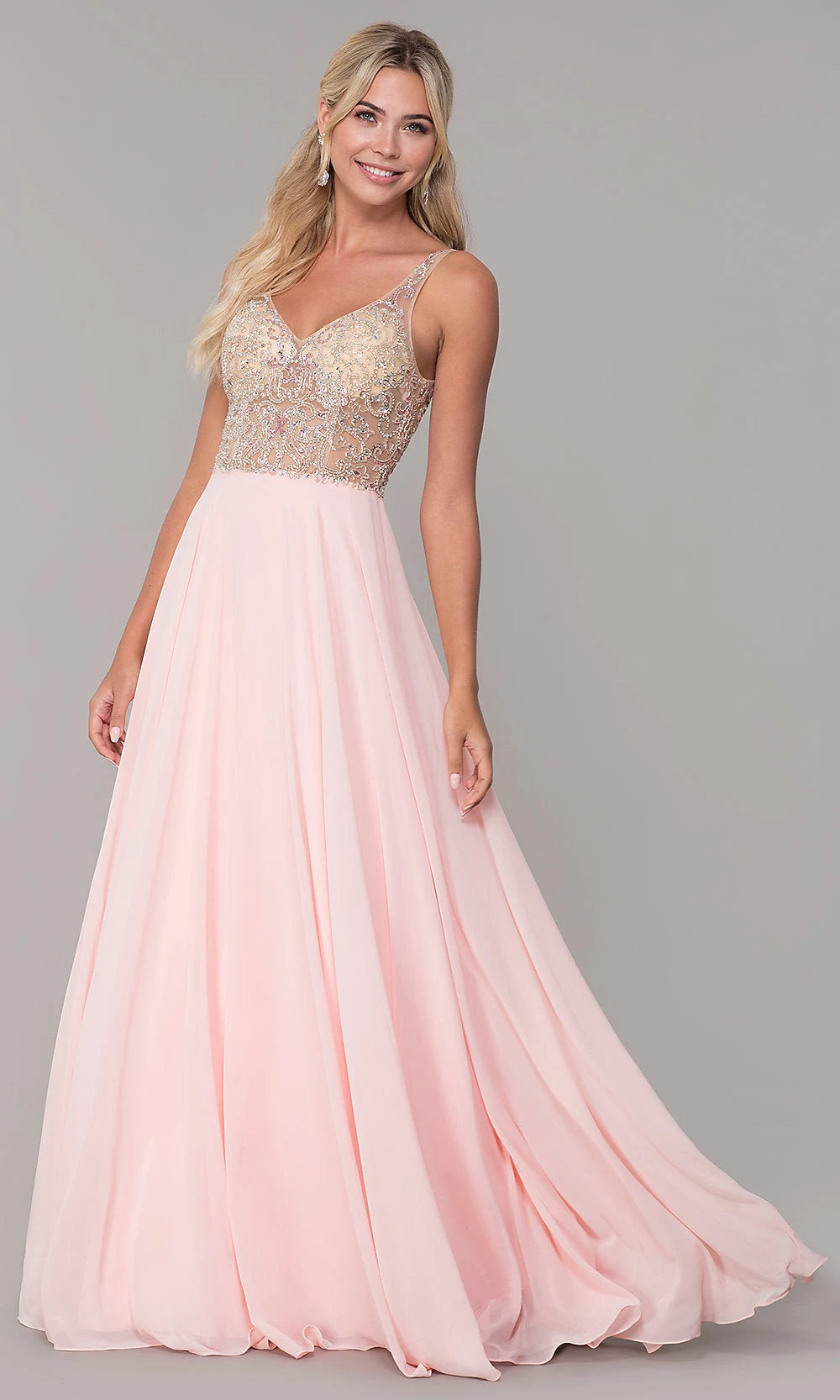 Glamorous A-Line V-Neck Sleeveless Beaded Backless Pink Long Prom Dresses Women