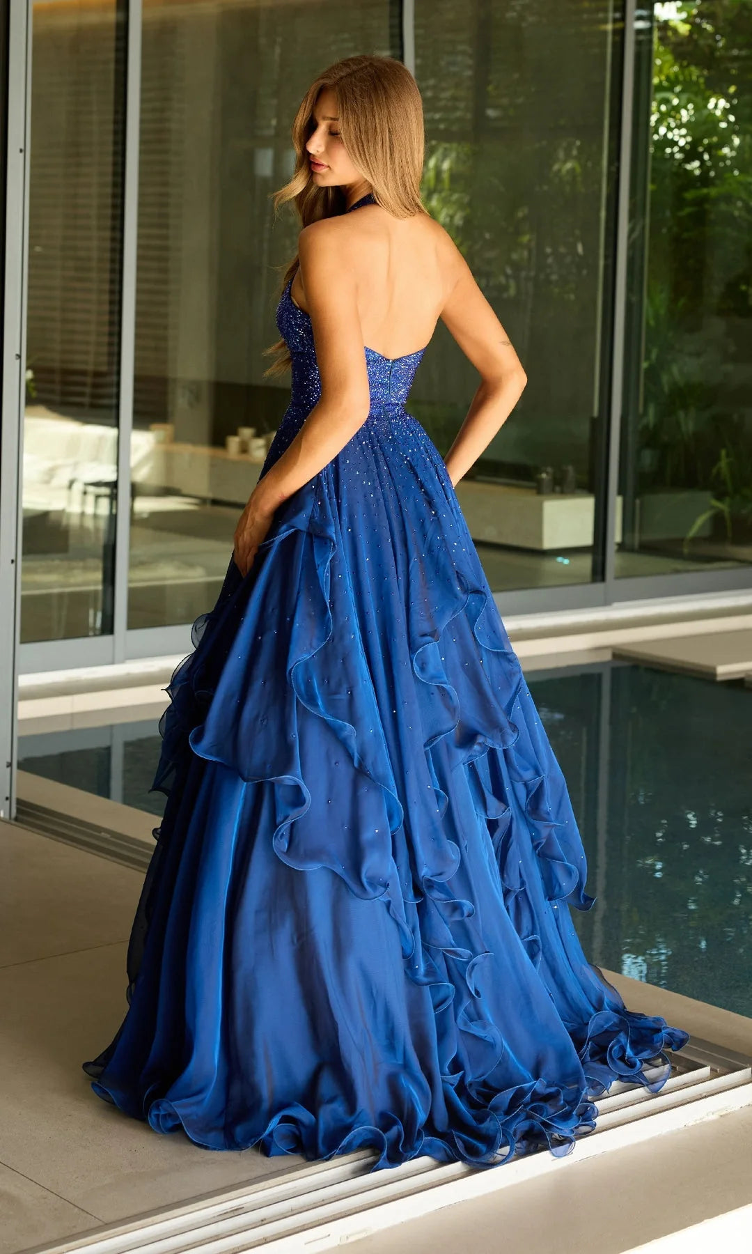 Glamorous A-Line V-Neck Sleeveless Tiered Ruffle Royal Blue Prom Dresses Women Gown