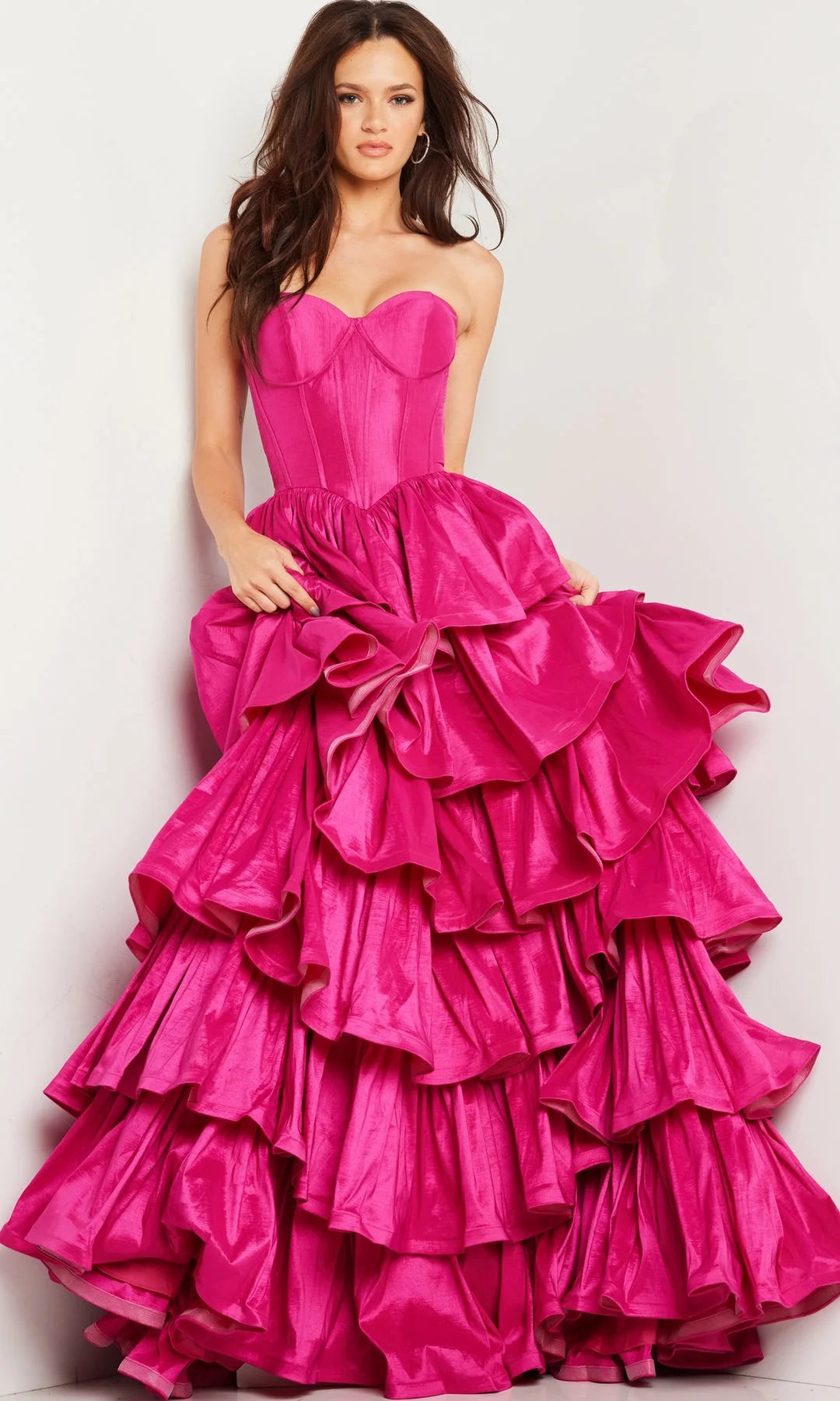 Glamorous Ball Gown Sweetheart Sleeveless Tiered Ruffled Hot Pink Floor Length Prom Dresses Gown
