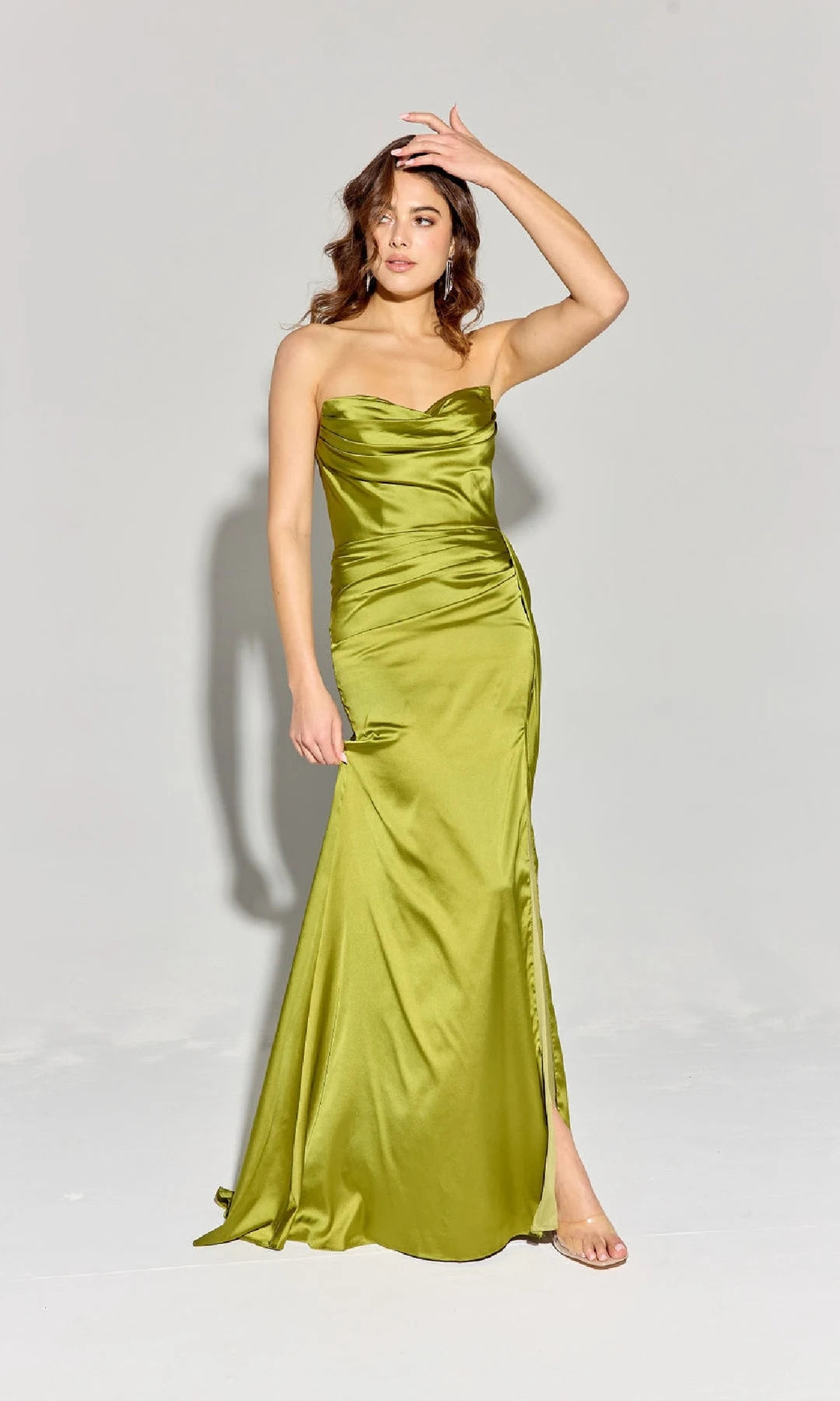 Glamorous Fitted Strapless Sleeveless Ruched Slit Olive Maxi Prom Dresses Women