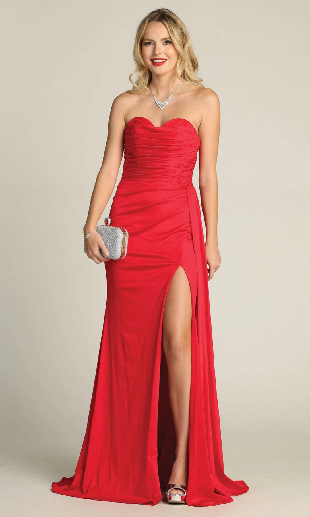 Glamorous Fitted Sweetheart Sleeveless Ruched Slit Red Long Prom Dresses Women