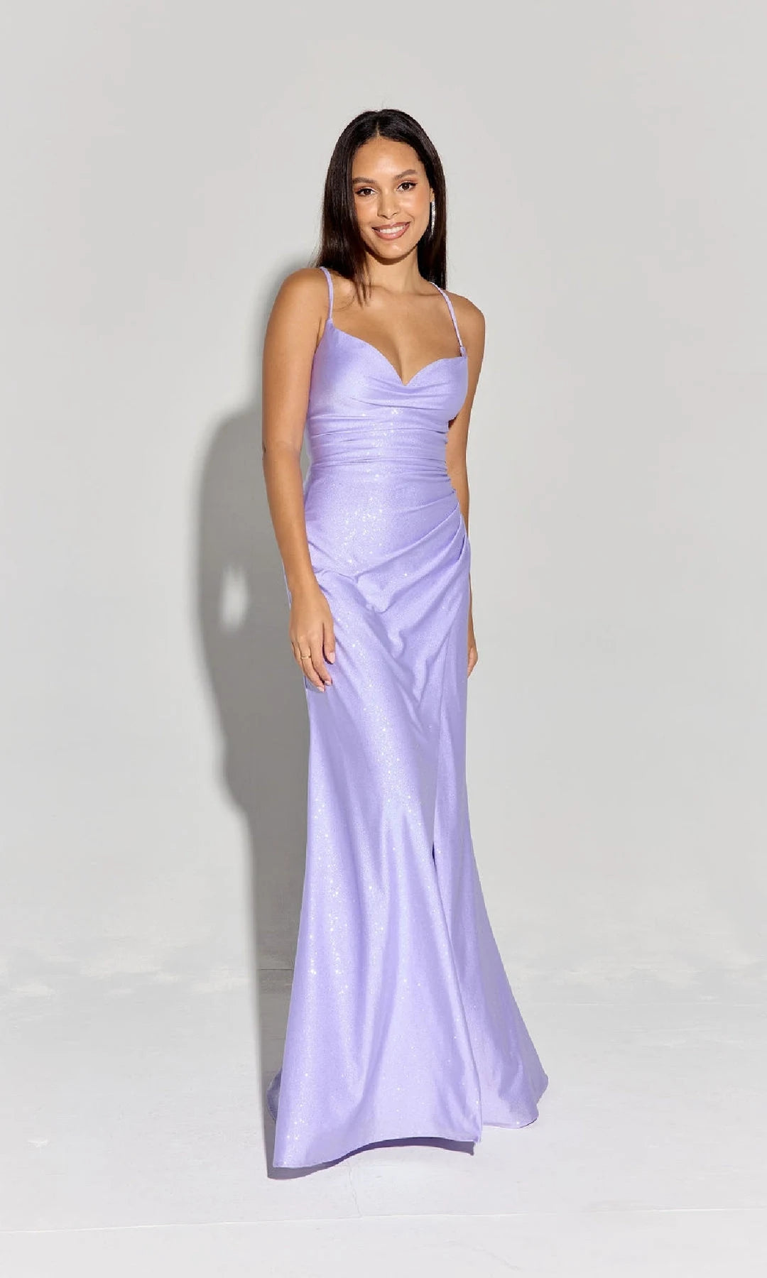 Glamorous Mermaid Cowl Sleeveless Ruched Backless Lavender Maxi Prom Dresses Women
