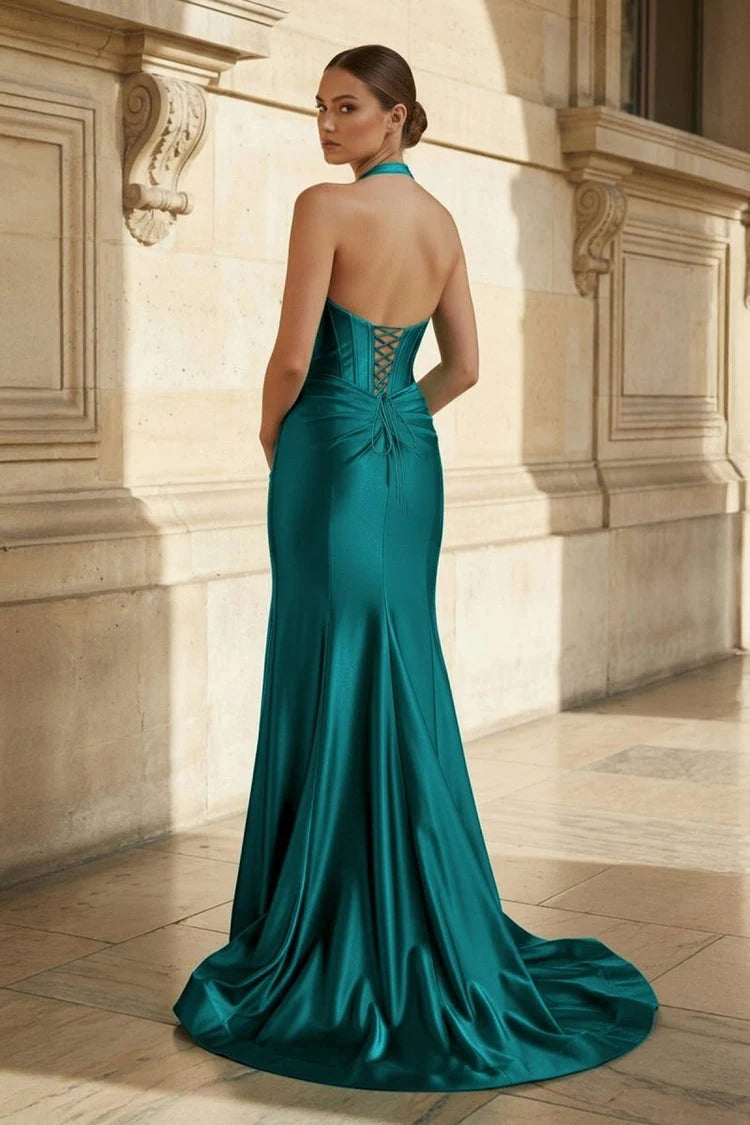 Glamorous Mermaid Halter Sleeveless Corset Teal Floor-Length Prom Dresses Gown
