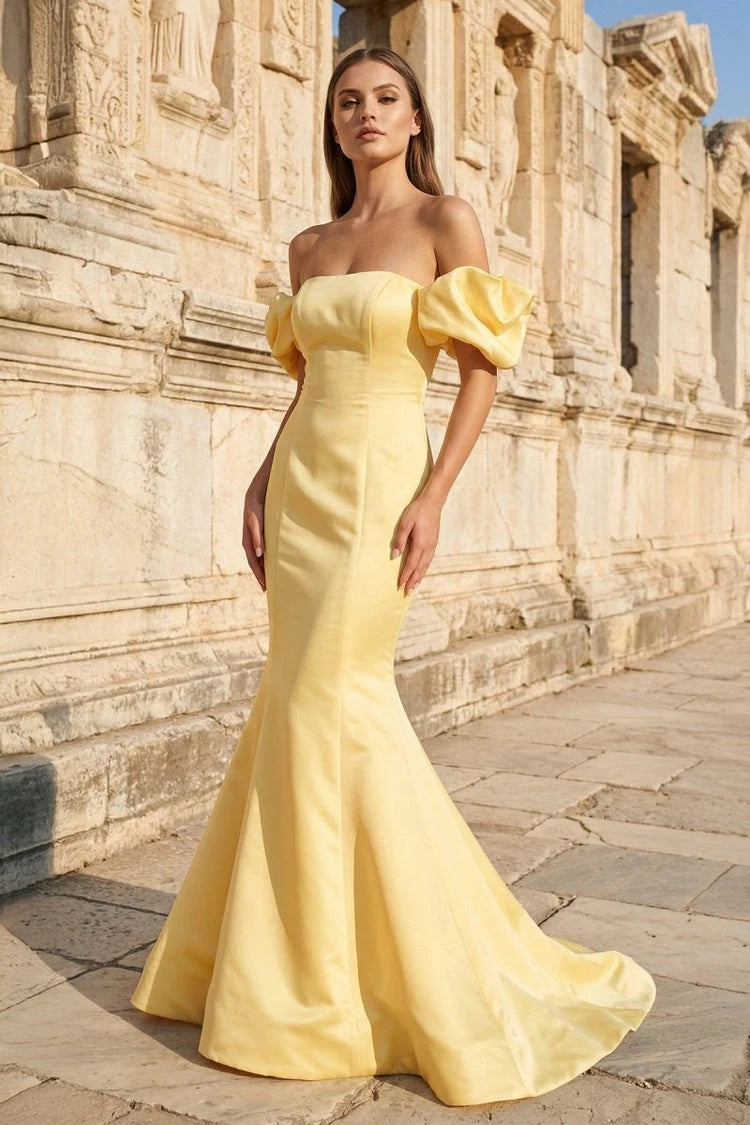 Glamorous Mermaid Off-Shoulder Puffy Sleeves Corset Back Pastel Yellow Floor-Length Prom Dress