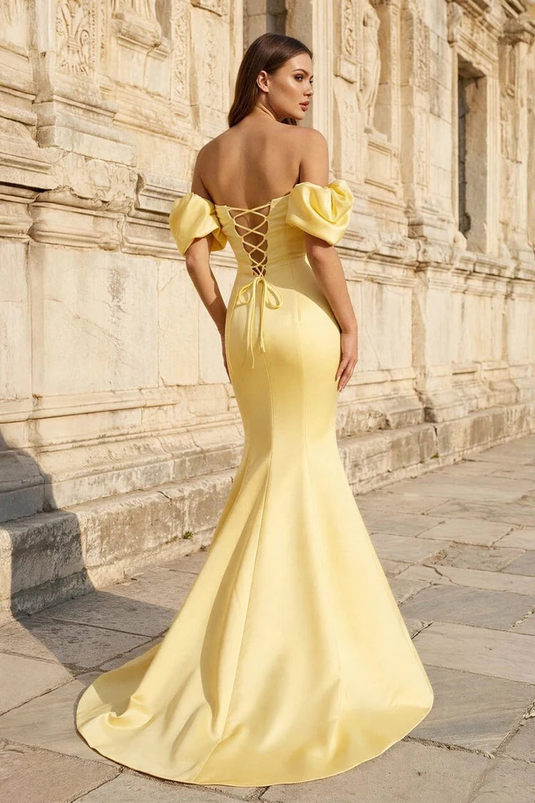 Glamorous Mermaid Off-Shoulder Puffy Sleeves Corset Back Pastel Yellow Floor-Length Prom Dress