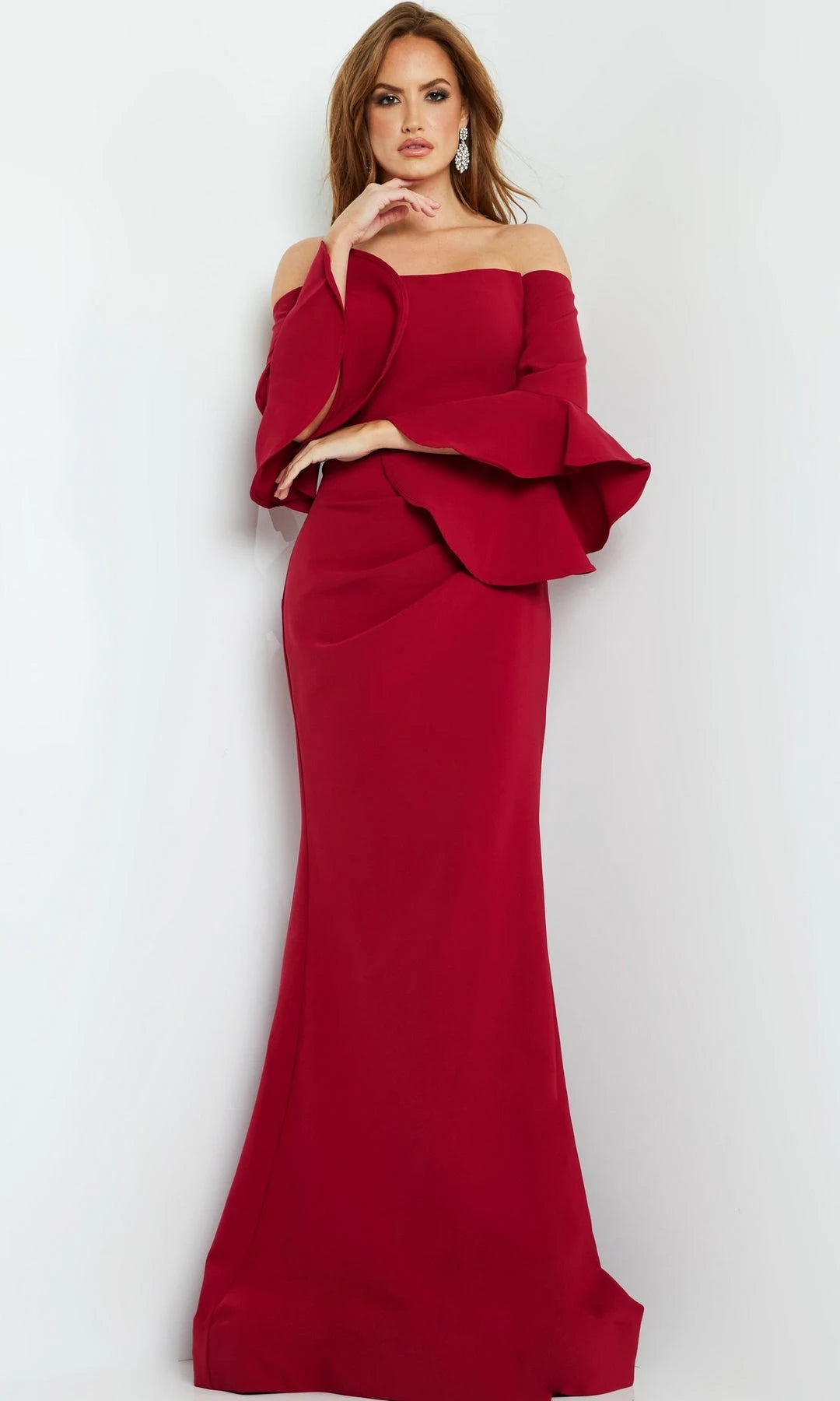 Glamorous Mermaid Off-Shoulder Sleeved Ruched Red Long Prom Dresses Women Gown