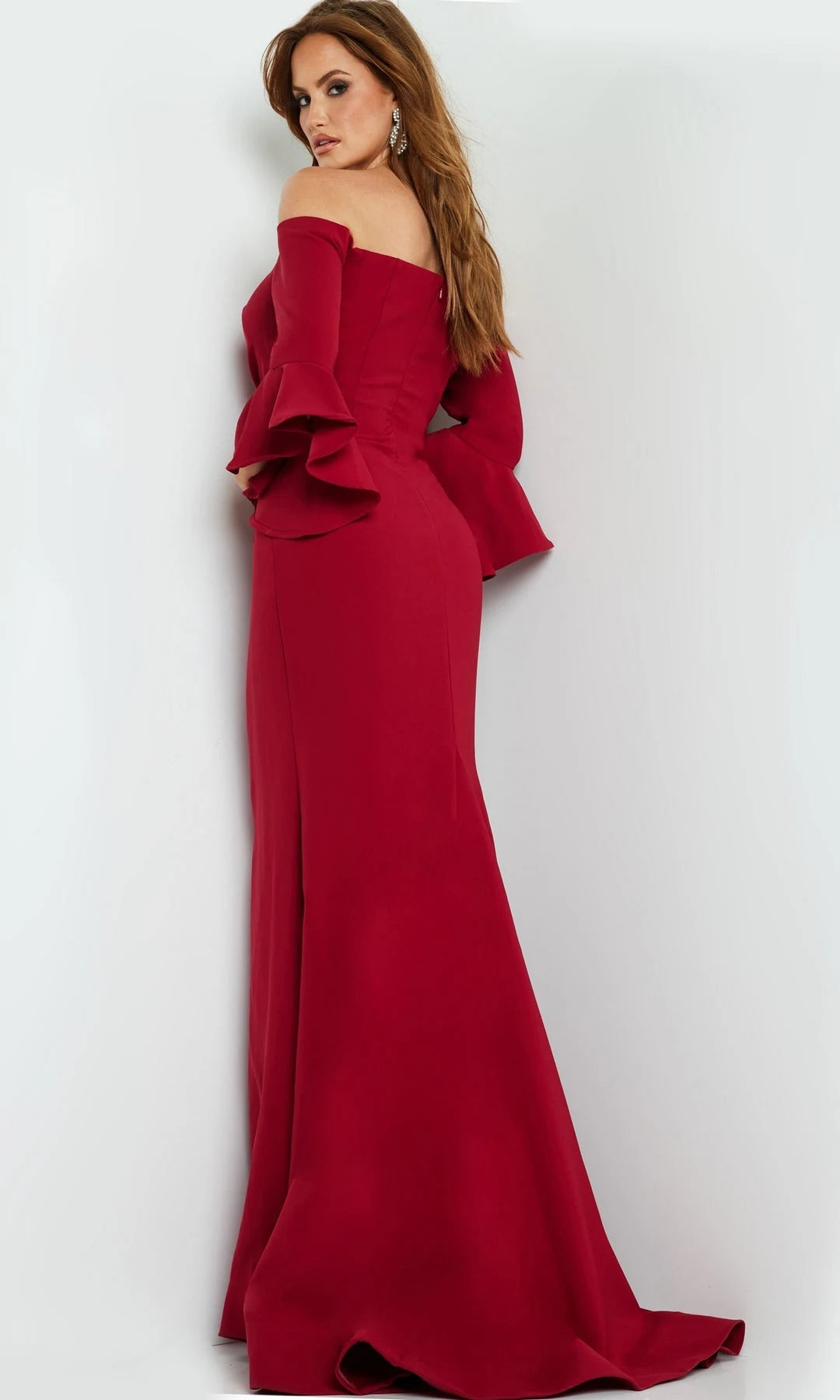 Glamorous Mermaid Off-Shoulder Sleeved Ruched Red Long Prom Dresses Women Gown