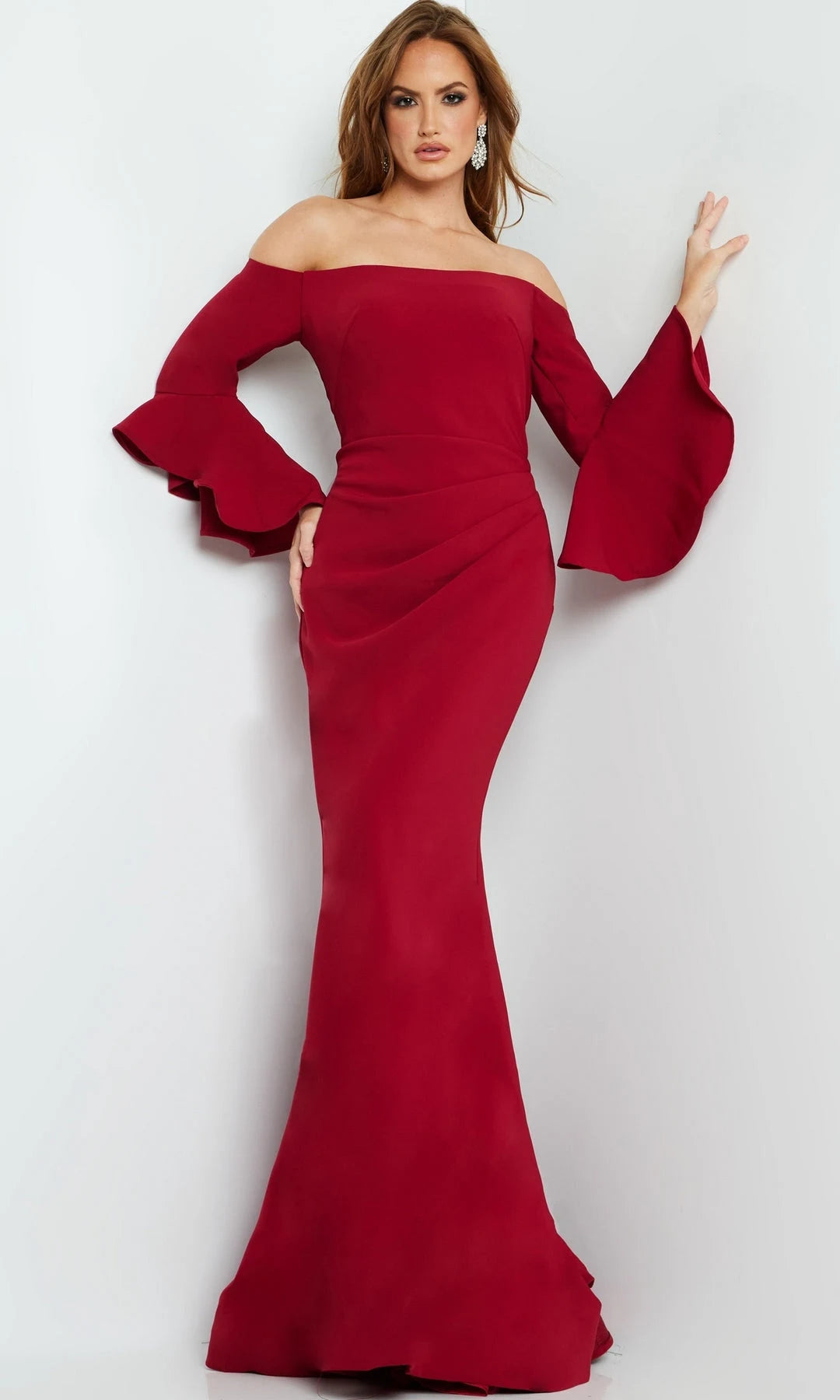 Glamorous Mermaid Off-Shoulder Sleeved Ruched Red Long Prom Dresses Women Gown