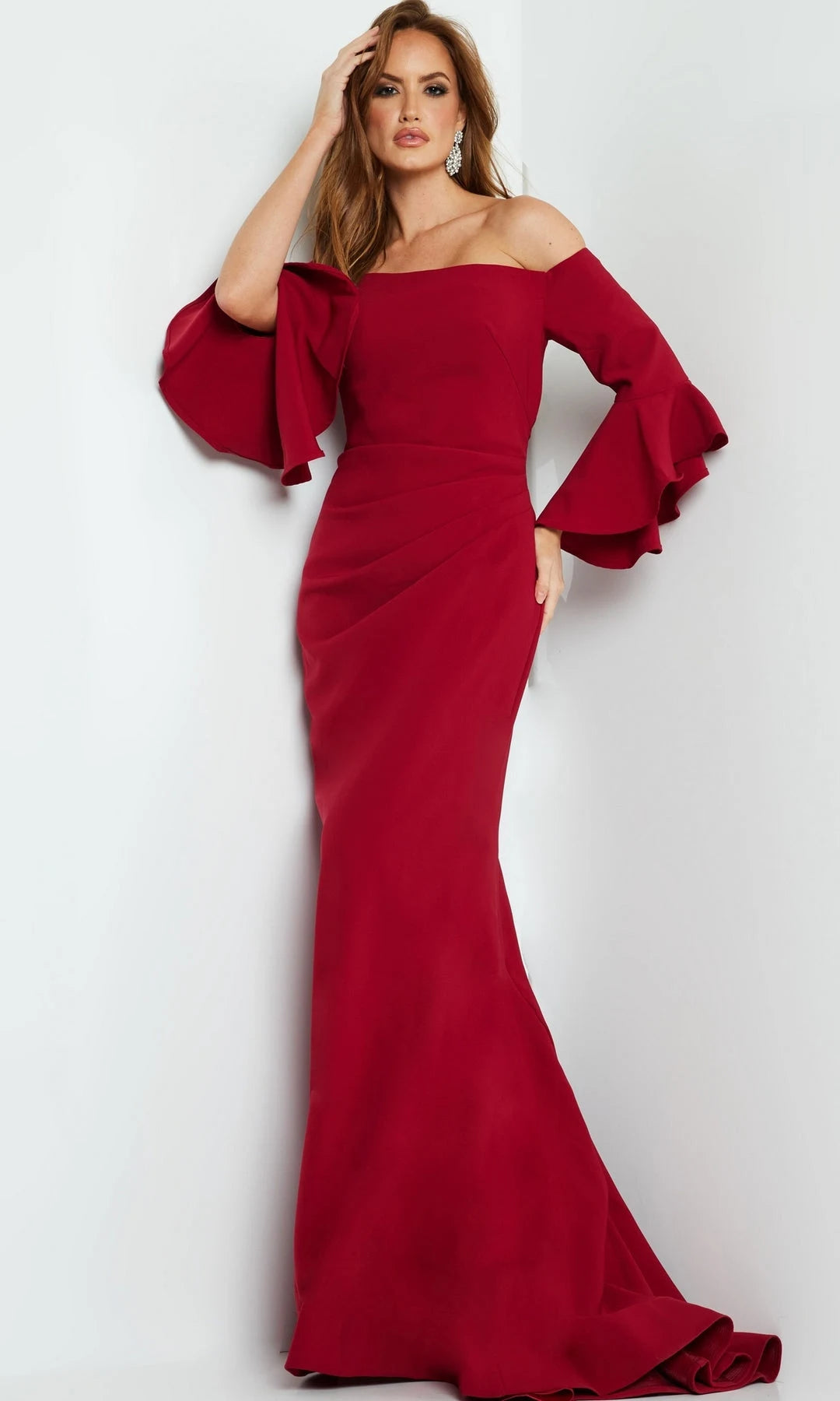 Glamorous Mermaid Off-Shoulder Sleeved Ruched Red Long Prom Dresses Women Gown