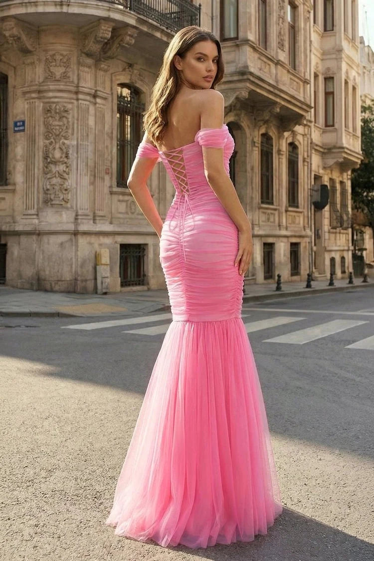 Glamorous Mermaid Off-Shoulder Sweetheart Ruched Hot Pink Floor-Length Prom Gown