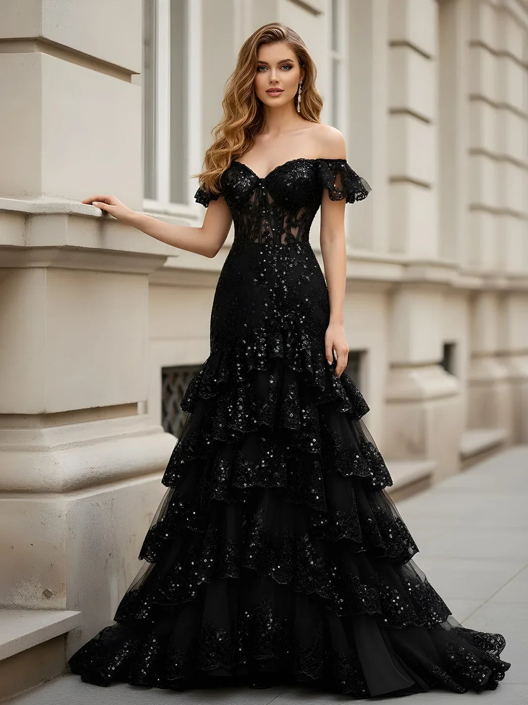 Glamorous Mermaid Off-Shoulder Tiered Ruffles Sequin Black Floor-Length Prom Dresses Gown